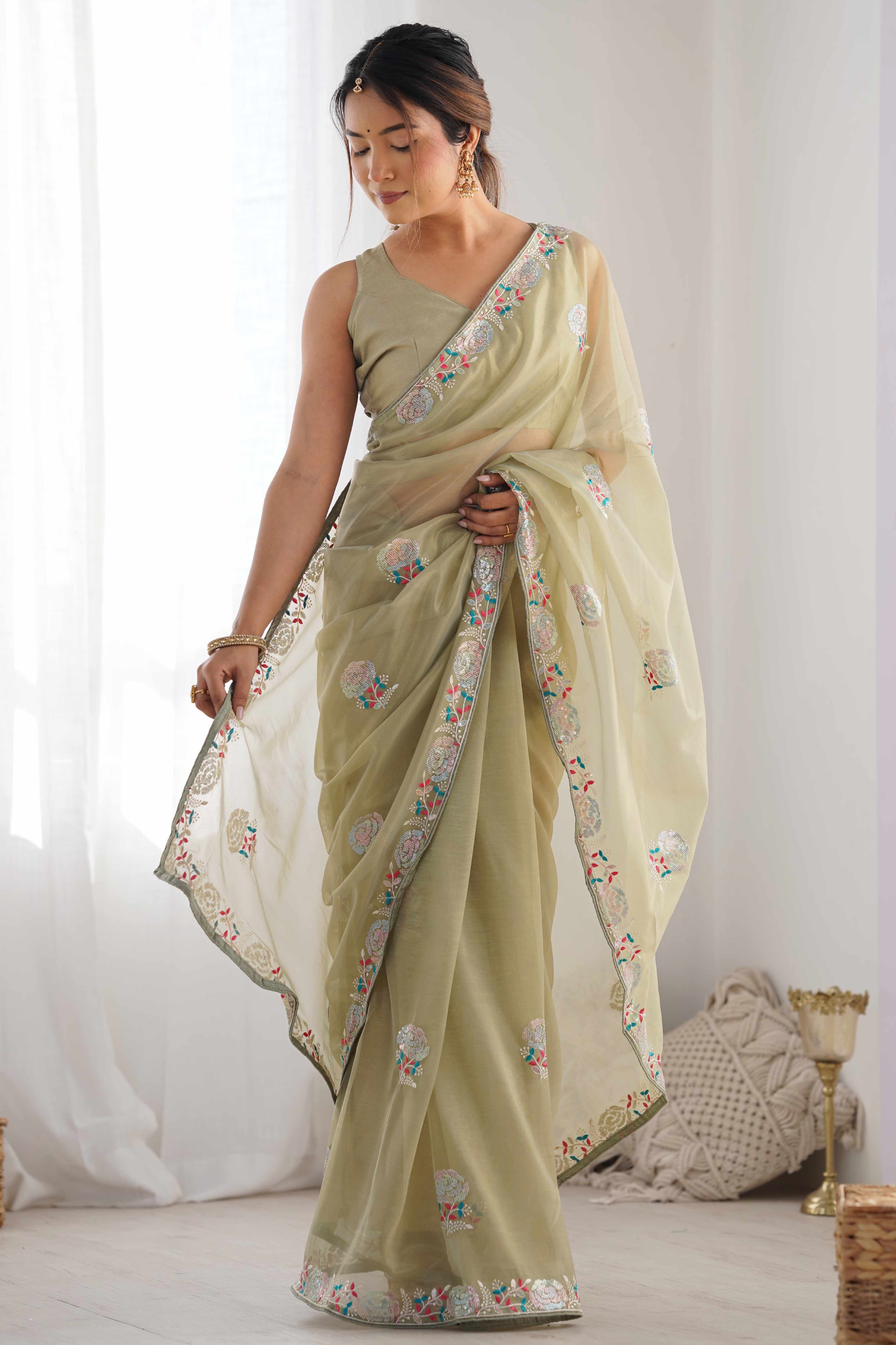 Green Floral Embroidered Net Saree