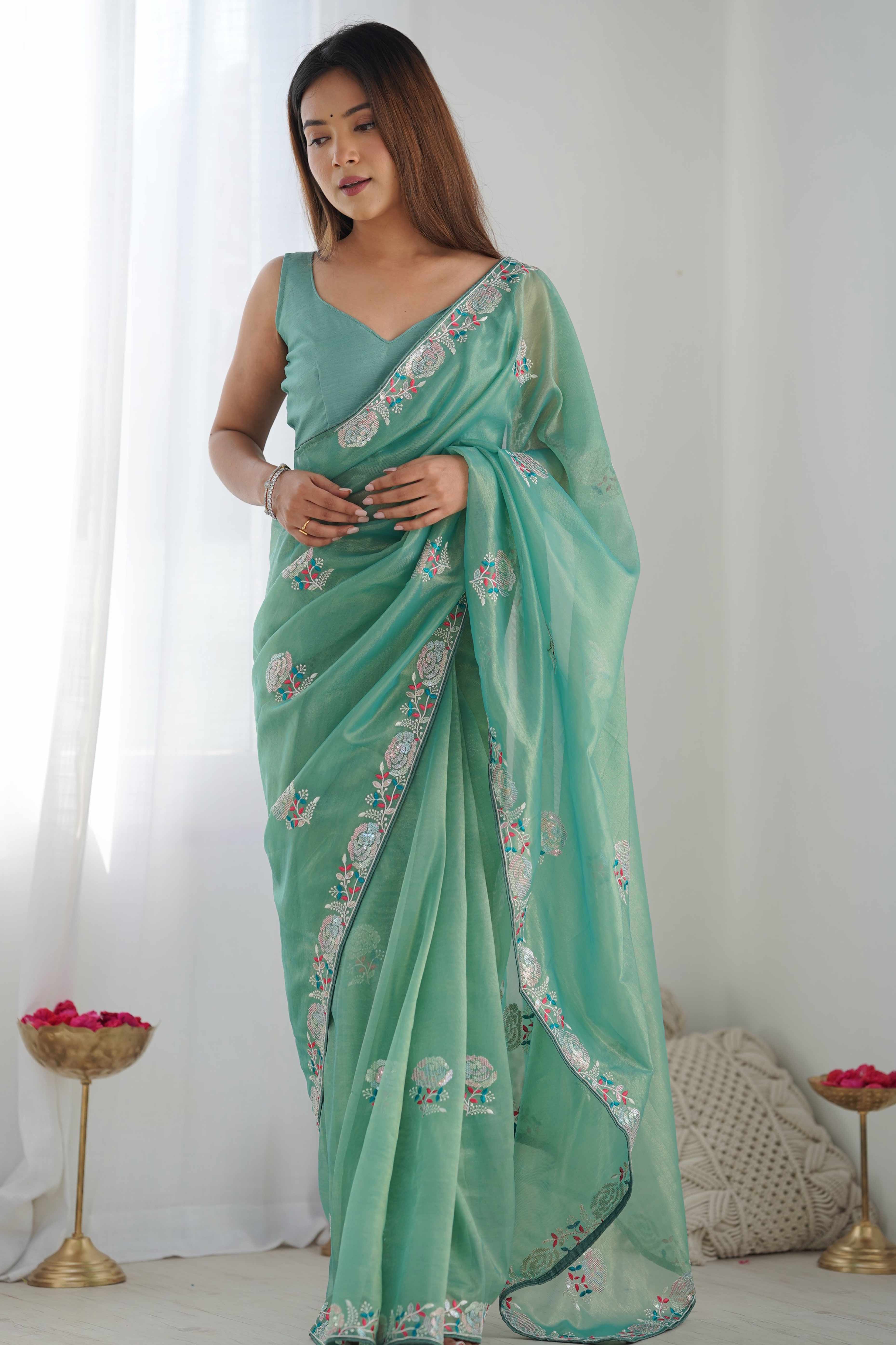 Sea Green Floral Embroidered Net Saree
