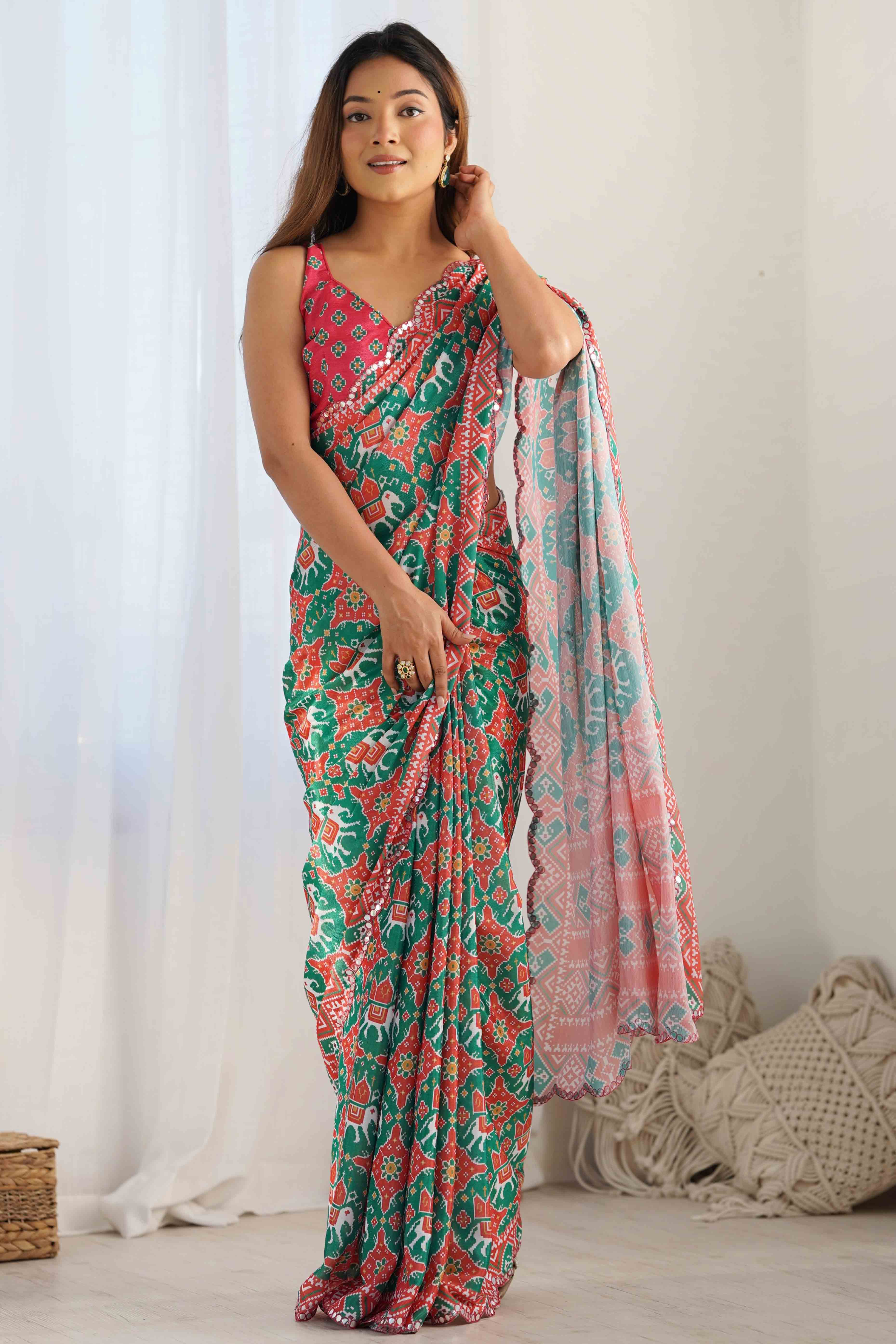Rama Green Patola Printed Chinon Saree