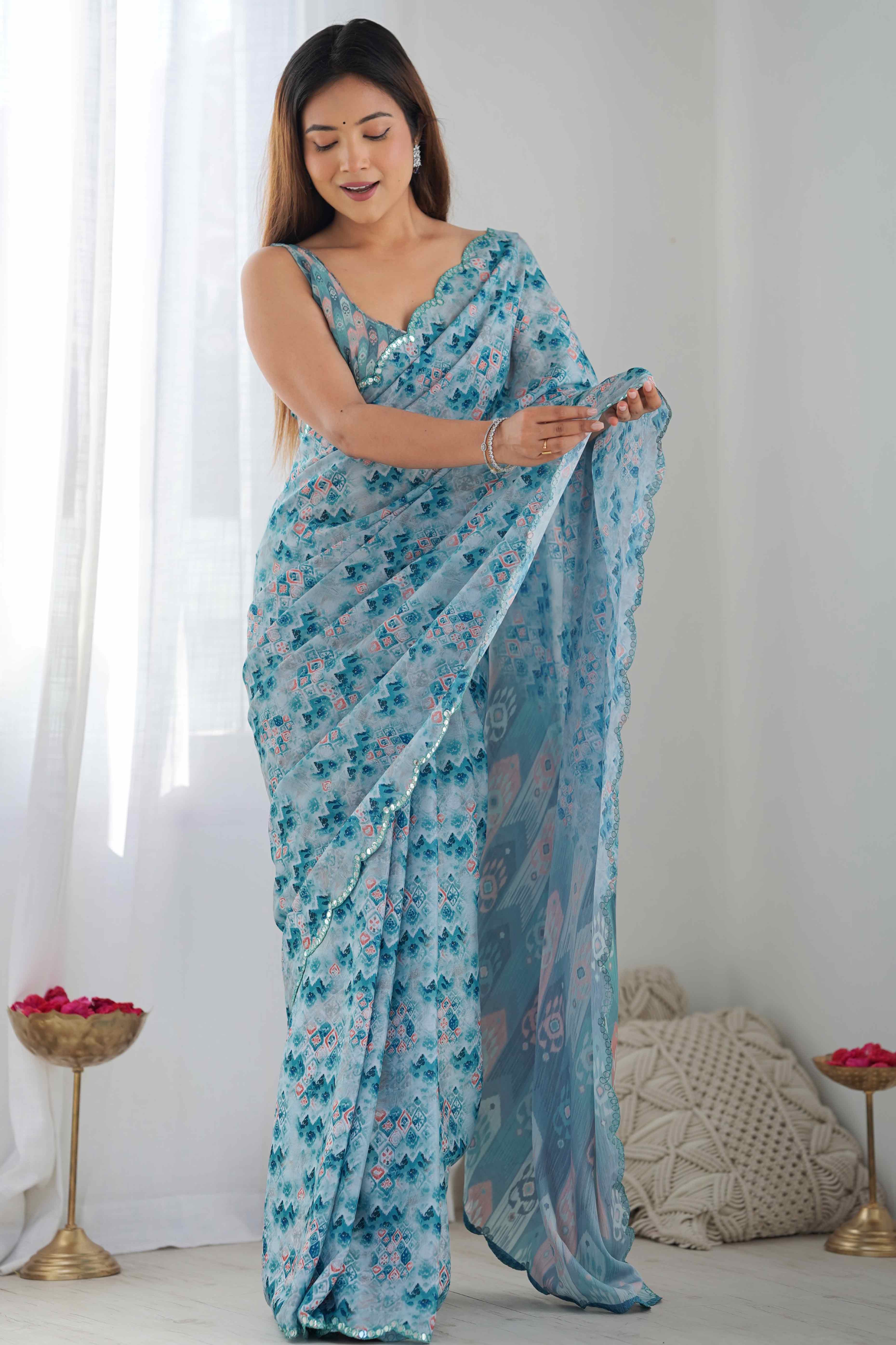 Sky Blue Geometric Printed Chinon Saree