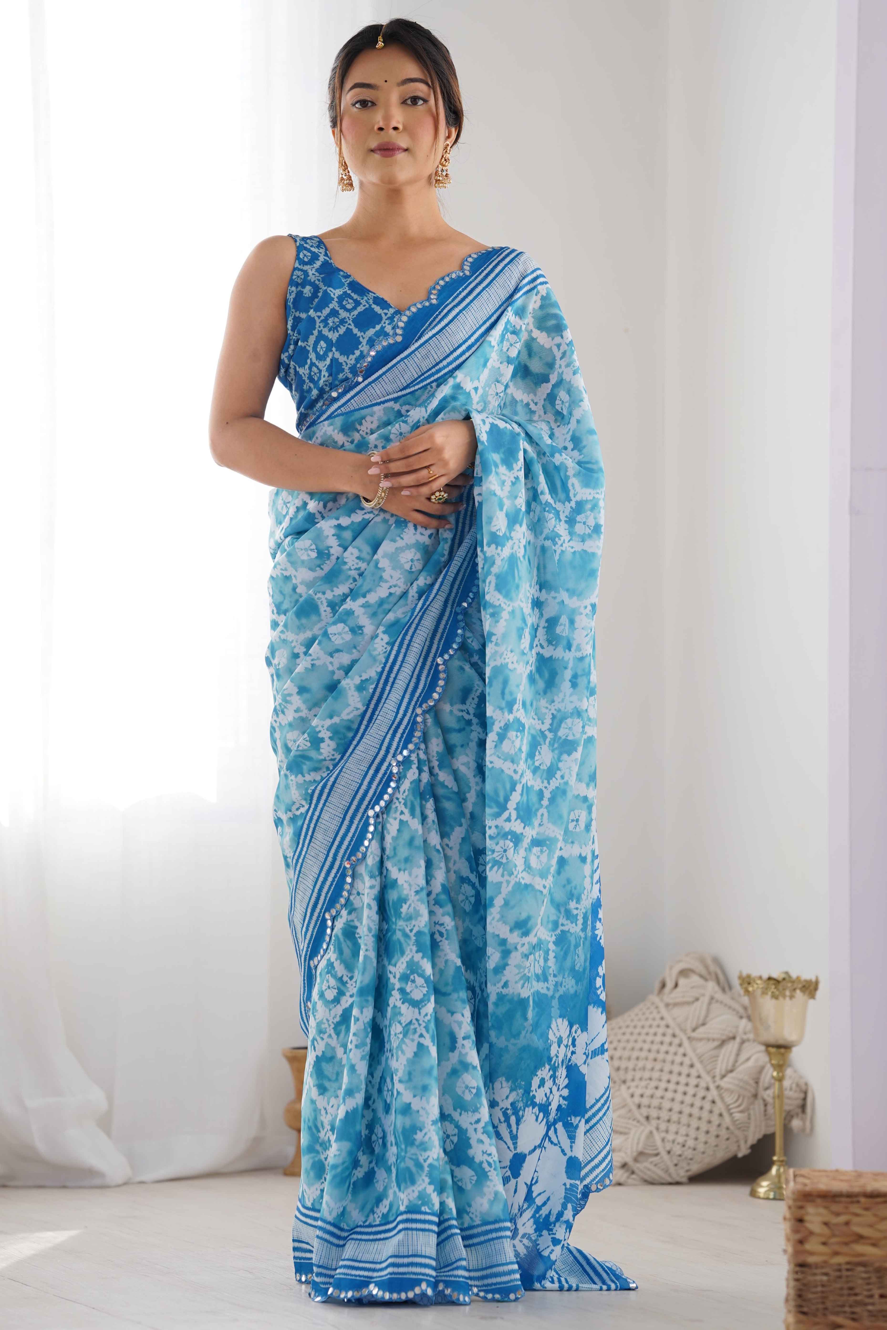 Blue Tie Dye Printed Chinon Saree