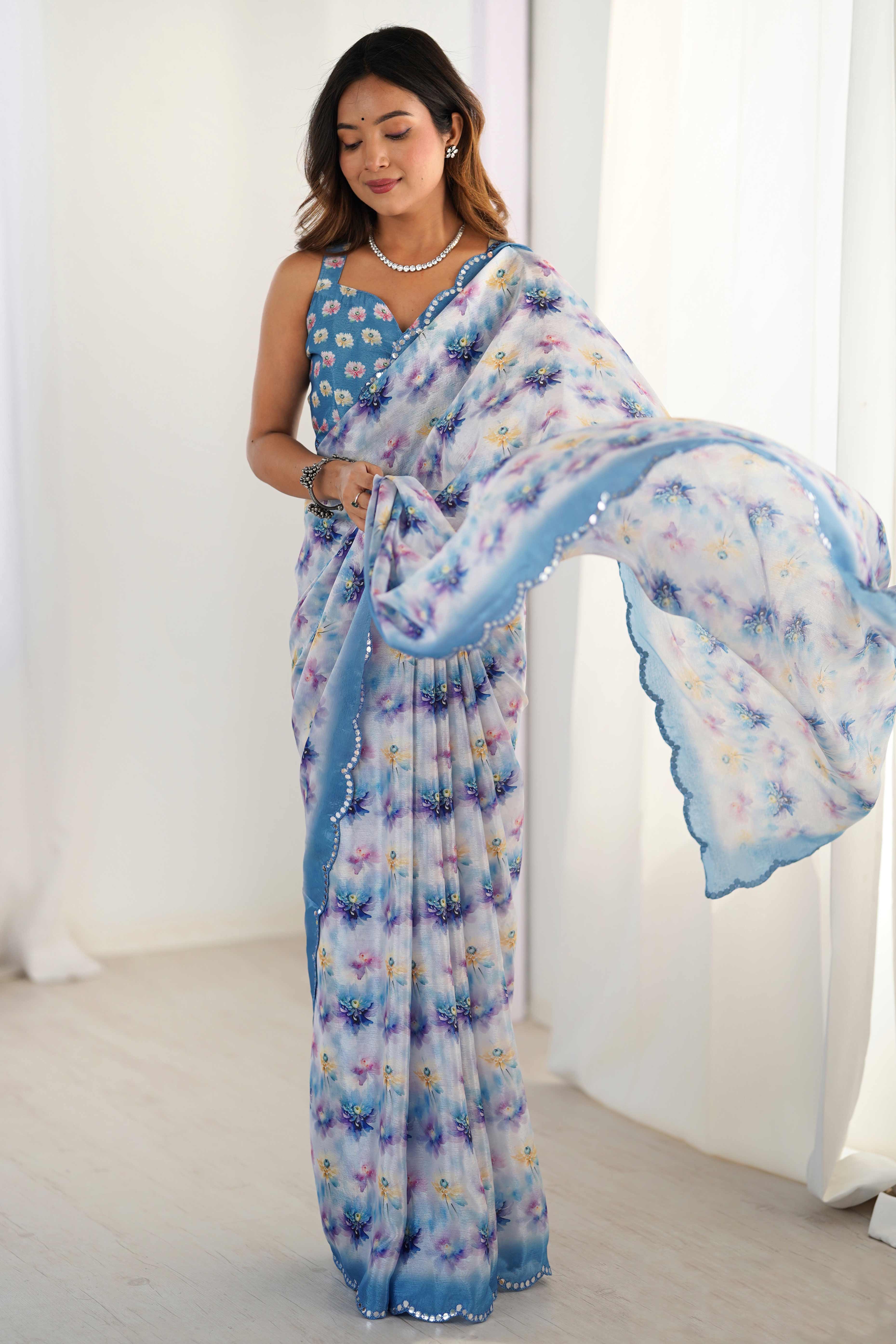 Sky Blue Floral Printed Chinon Saree with Shimmering Mirror Detailing