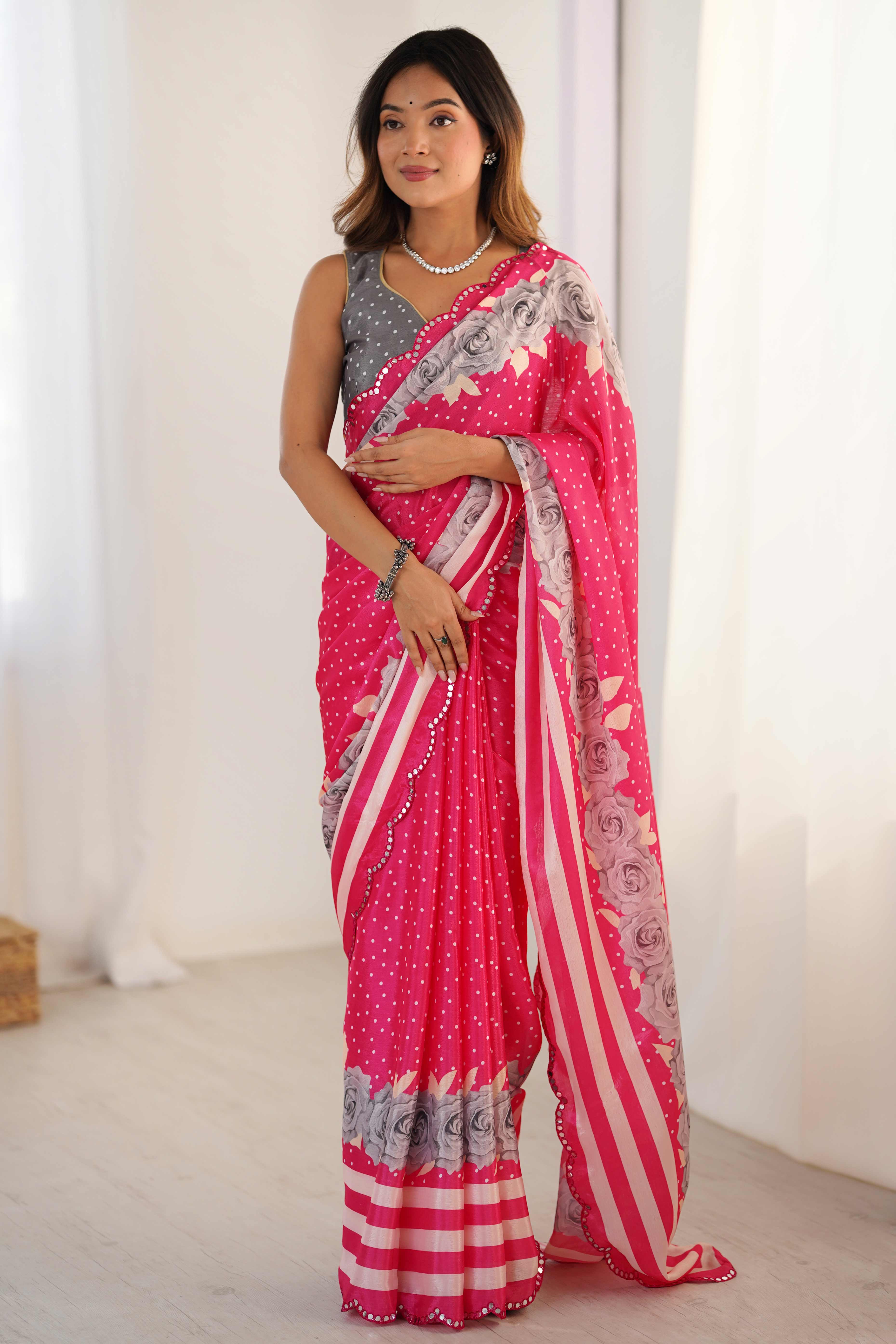 Pink Floral Printed Chinon Saree With Shimmering Mirror Detailing