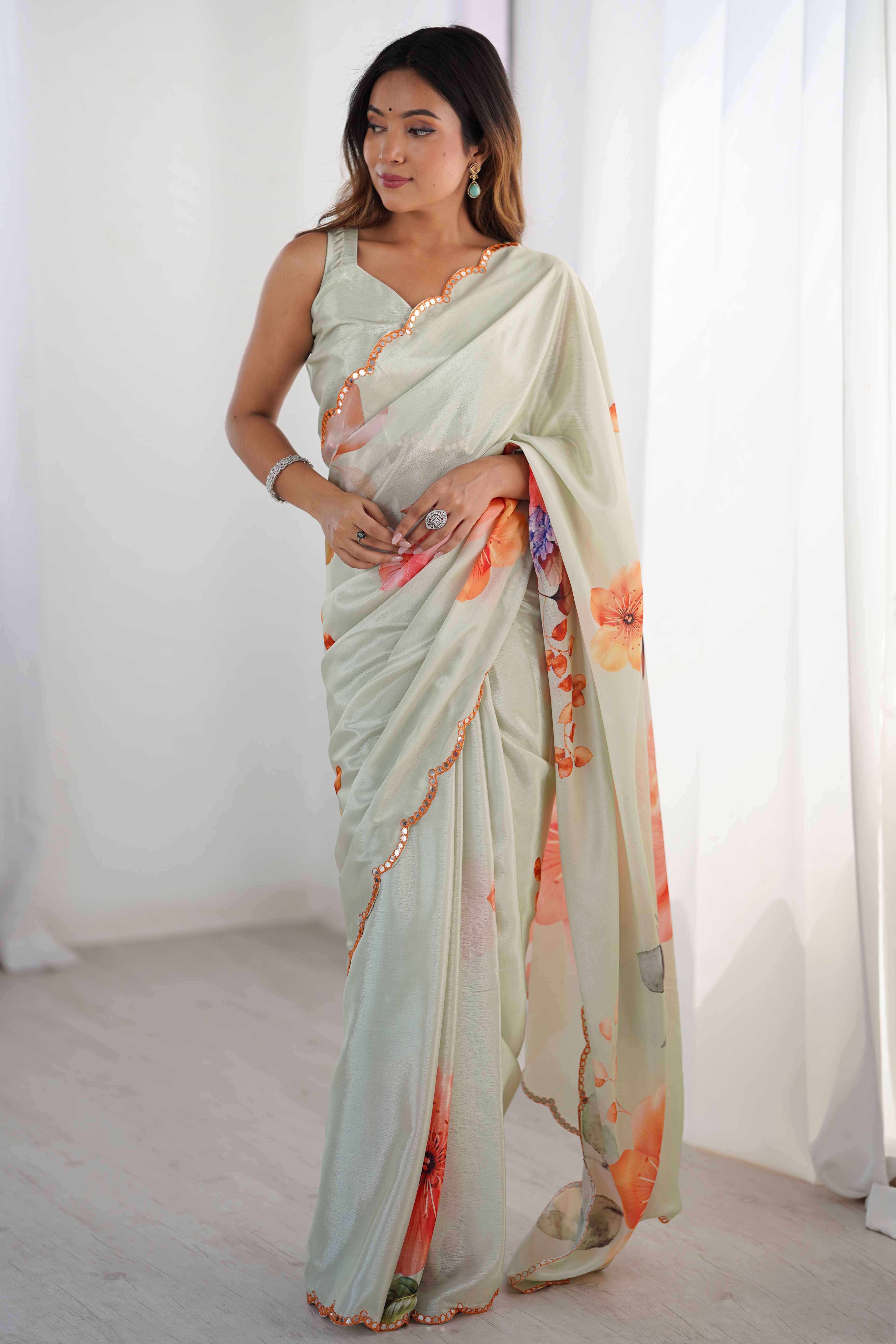 Light Pista Green Chinon Saree with Glimmering Mirror Work and Floral Prints