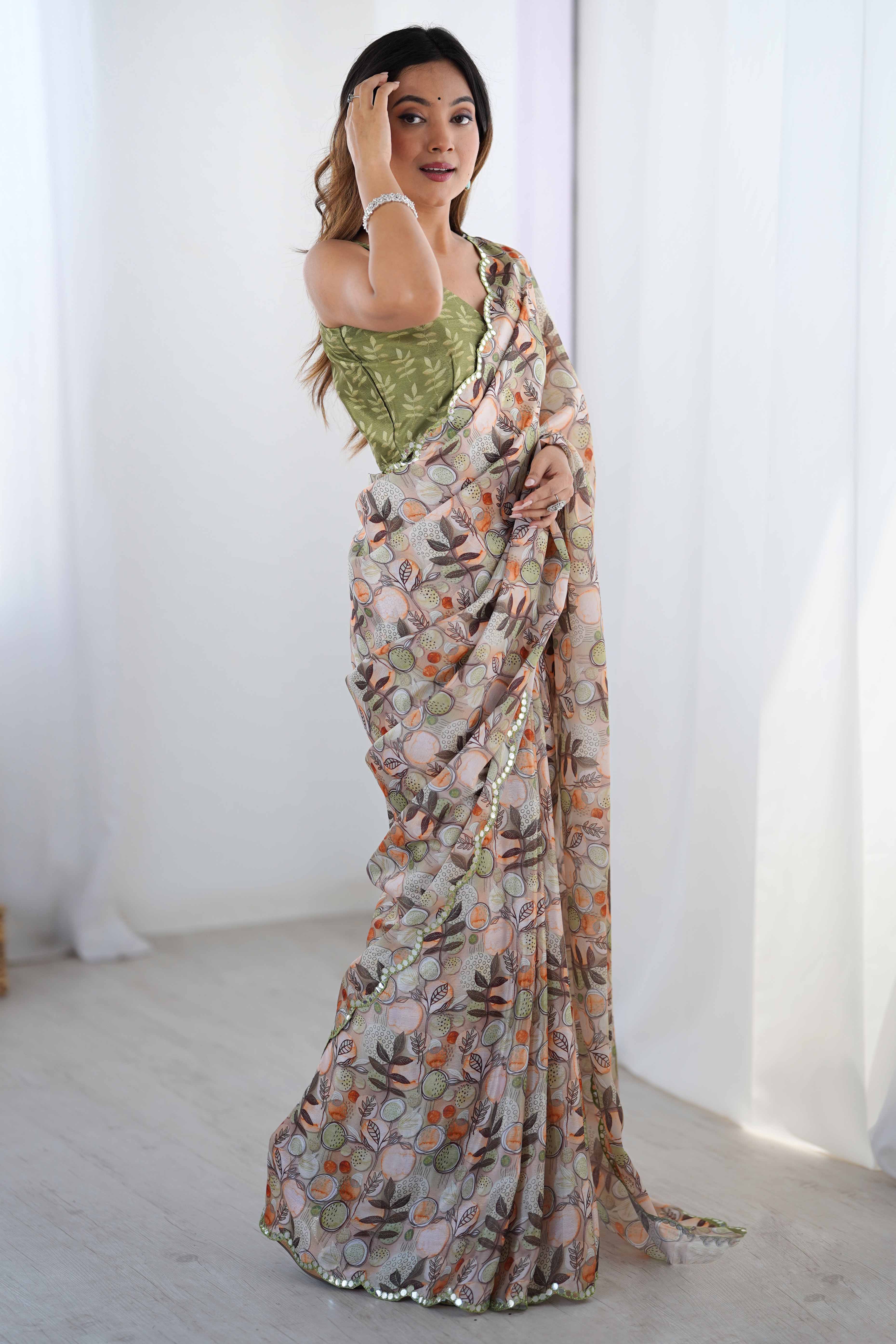Light Grey Chinon Saree with Glimmering Mirror Work and Floral Prints