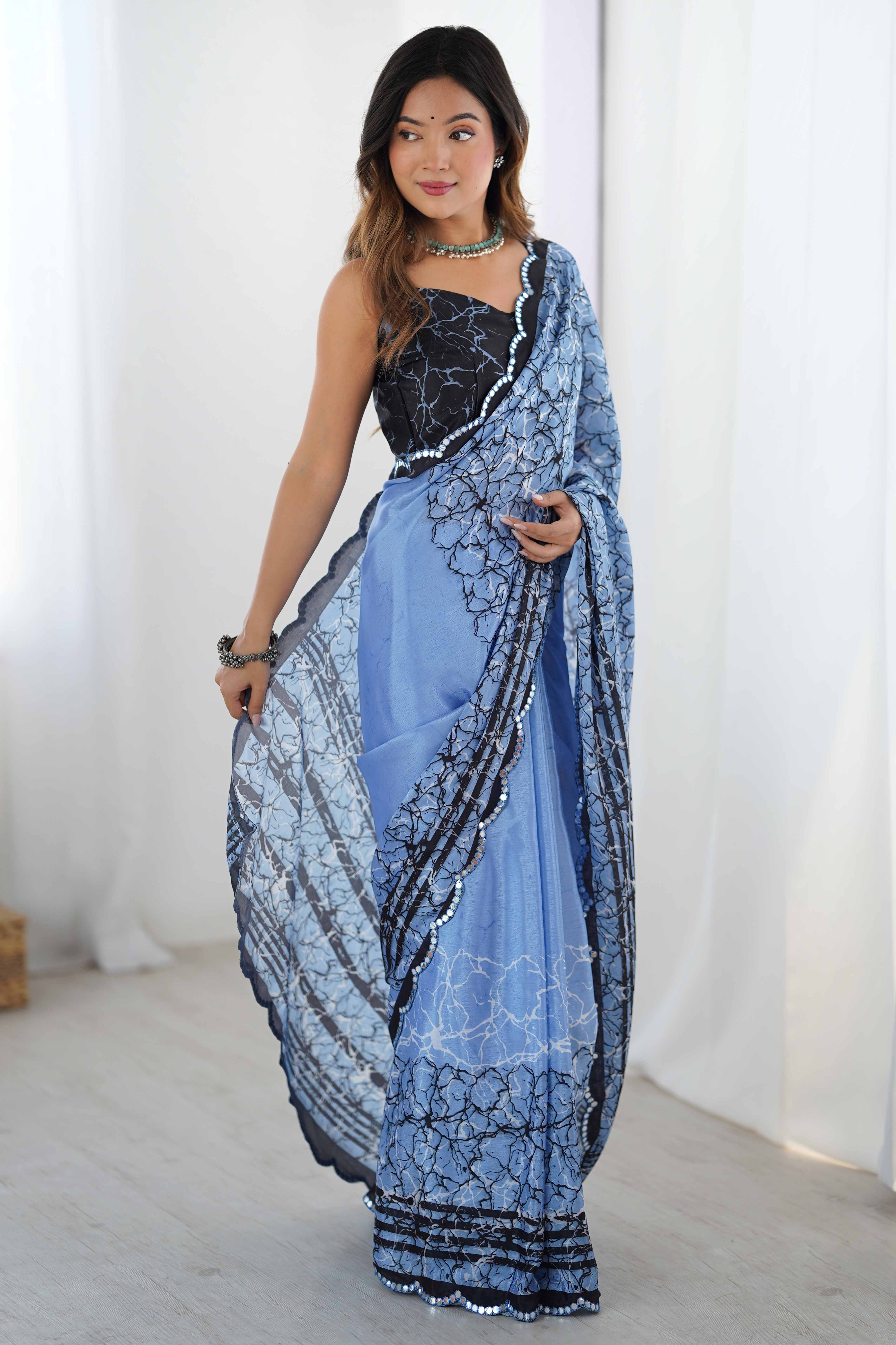 Blue Chinon Saree with Glimmering Kutchi Mirror Work and Print