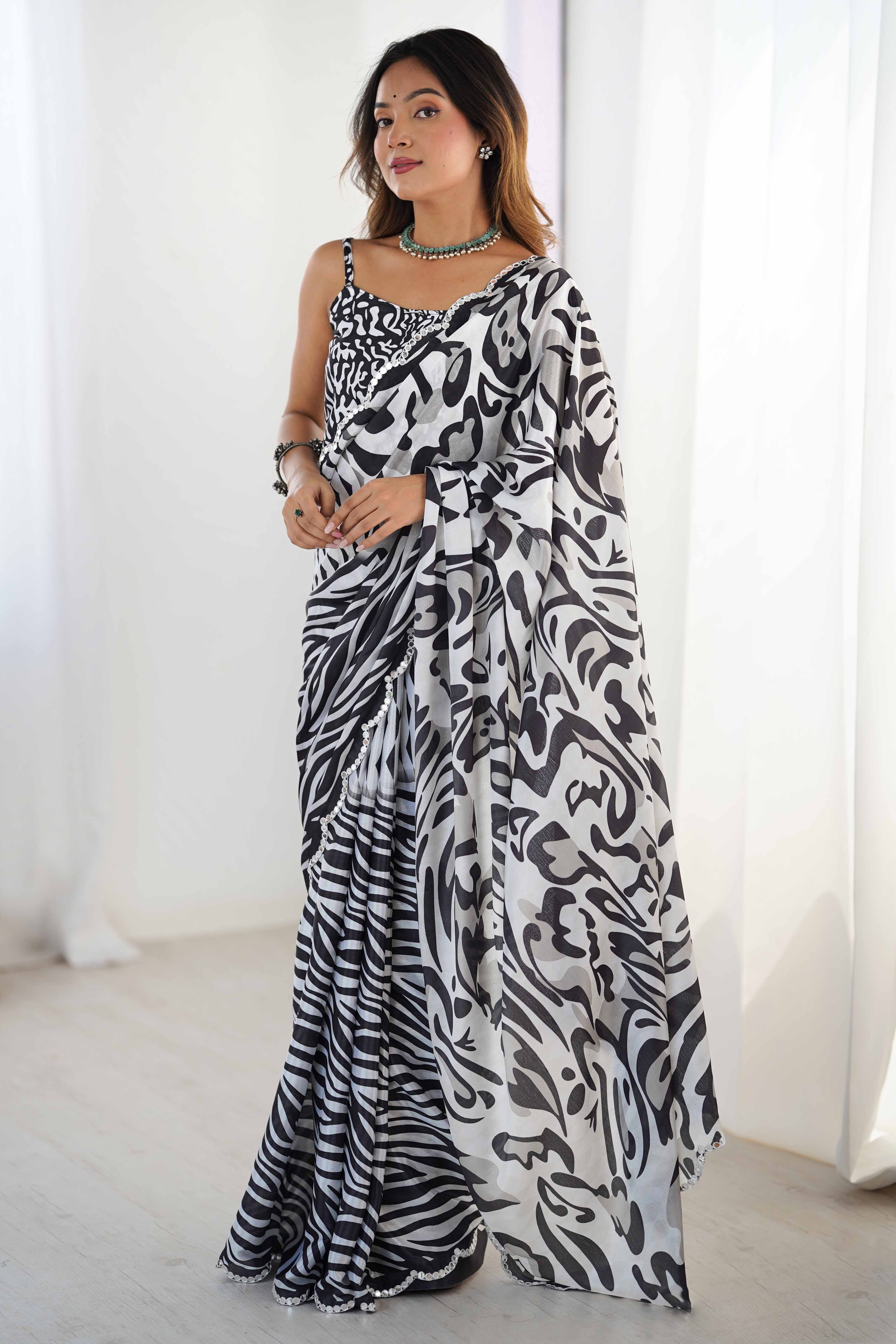 Black & White Chinon Saree with Glimmering Kutchi Mirror Work and Print