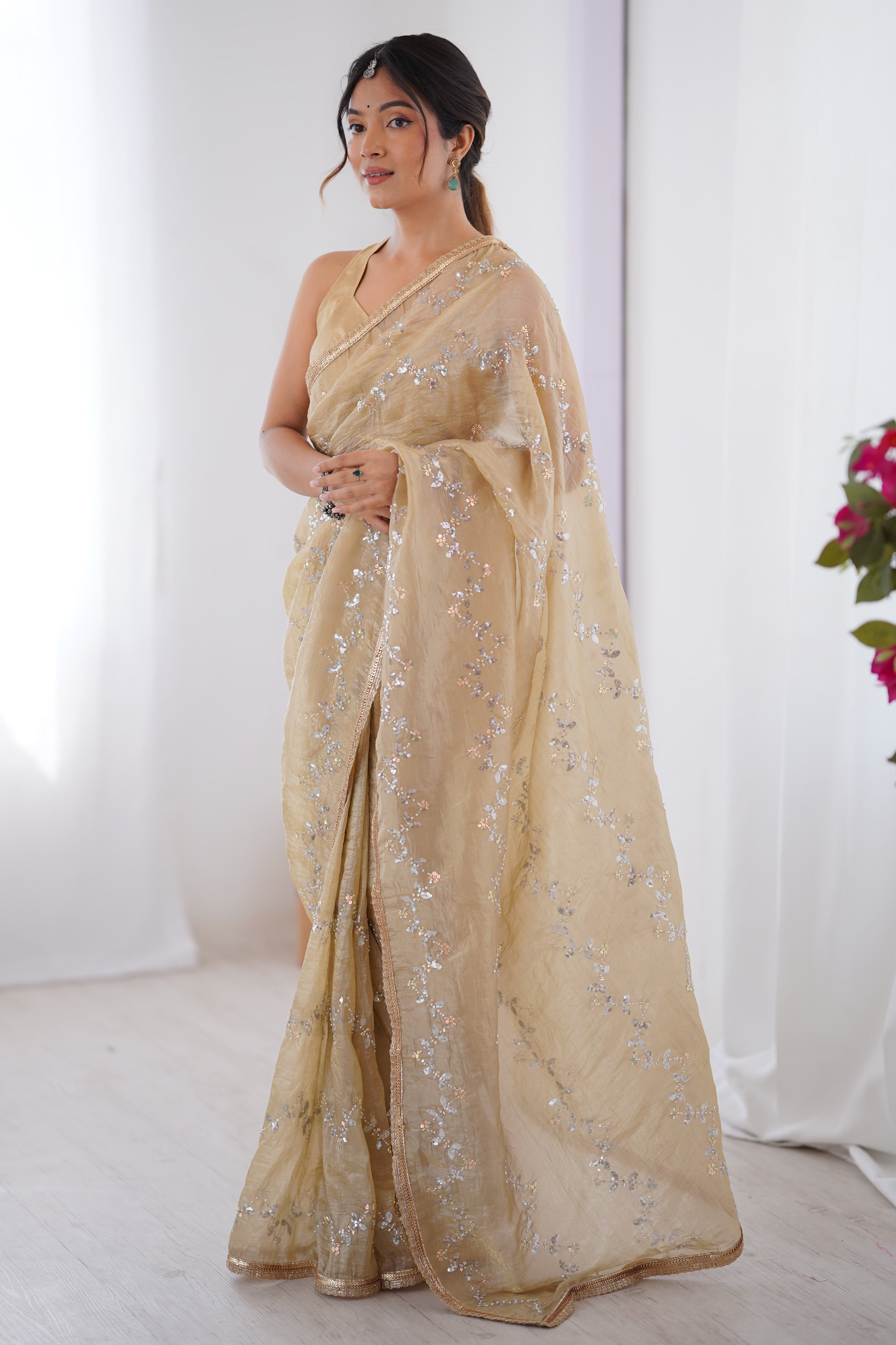 Dazzling Beige Organza Saree Accented with Sequin, Bead & Stone Work and Delicate Lace Detailing