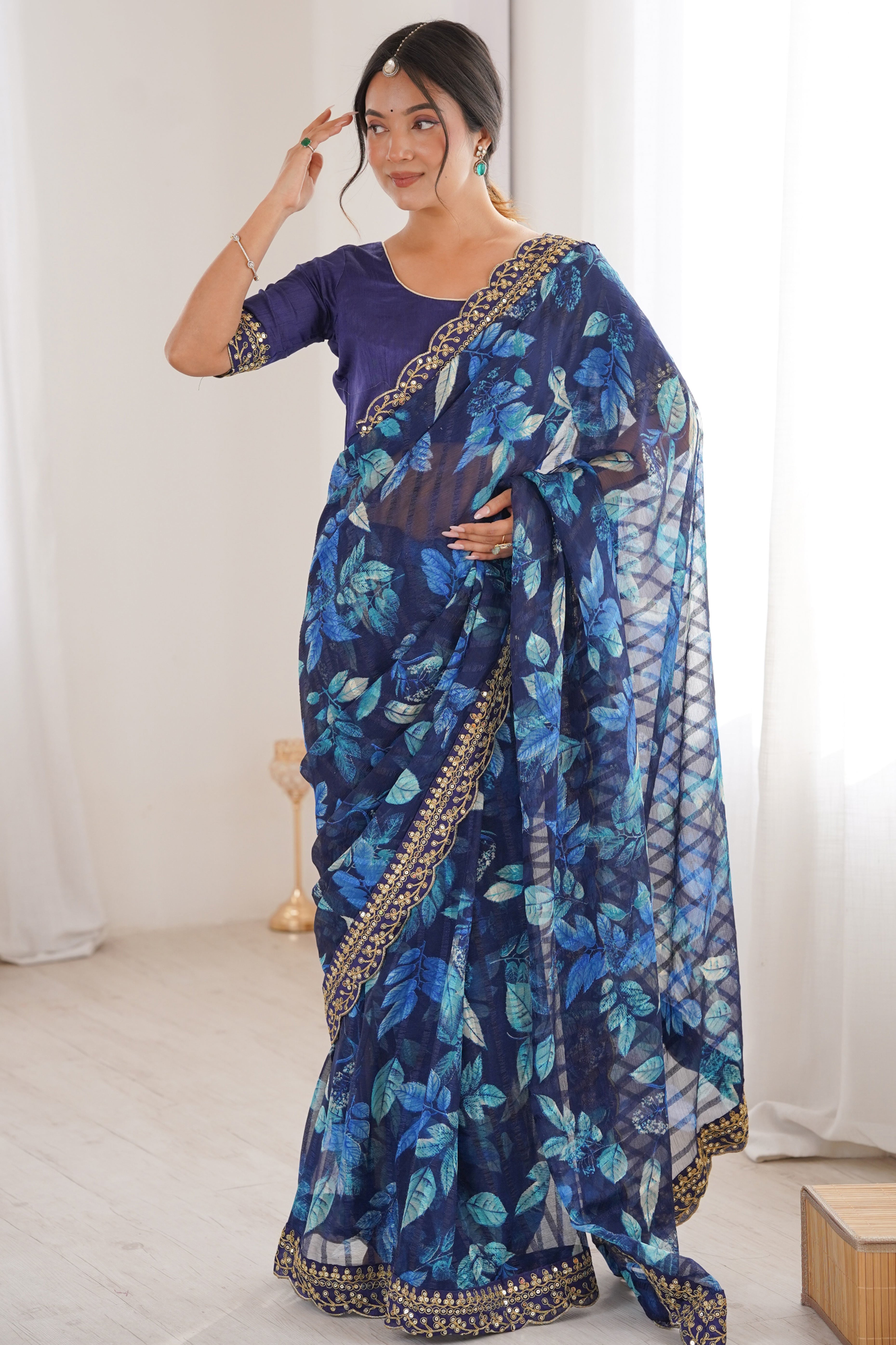 Elegant Blue Leaf & Floral Print Georgette Saree With Intricate Cording Sequins Embroidery Border