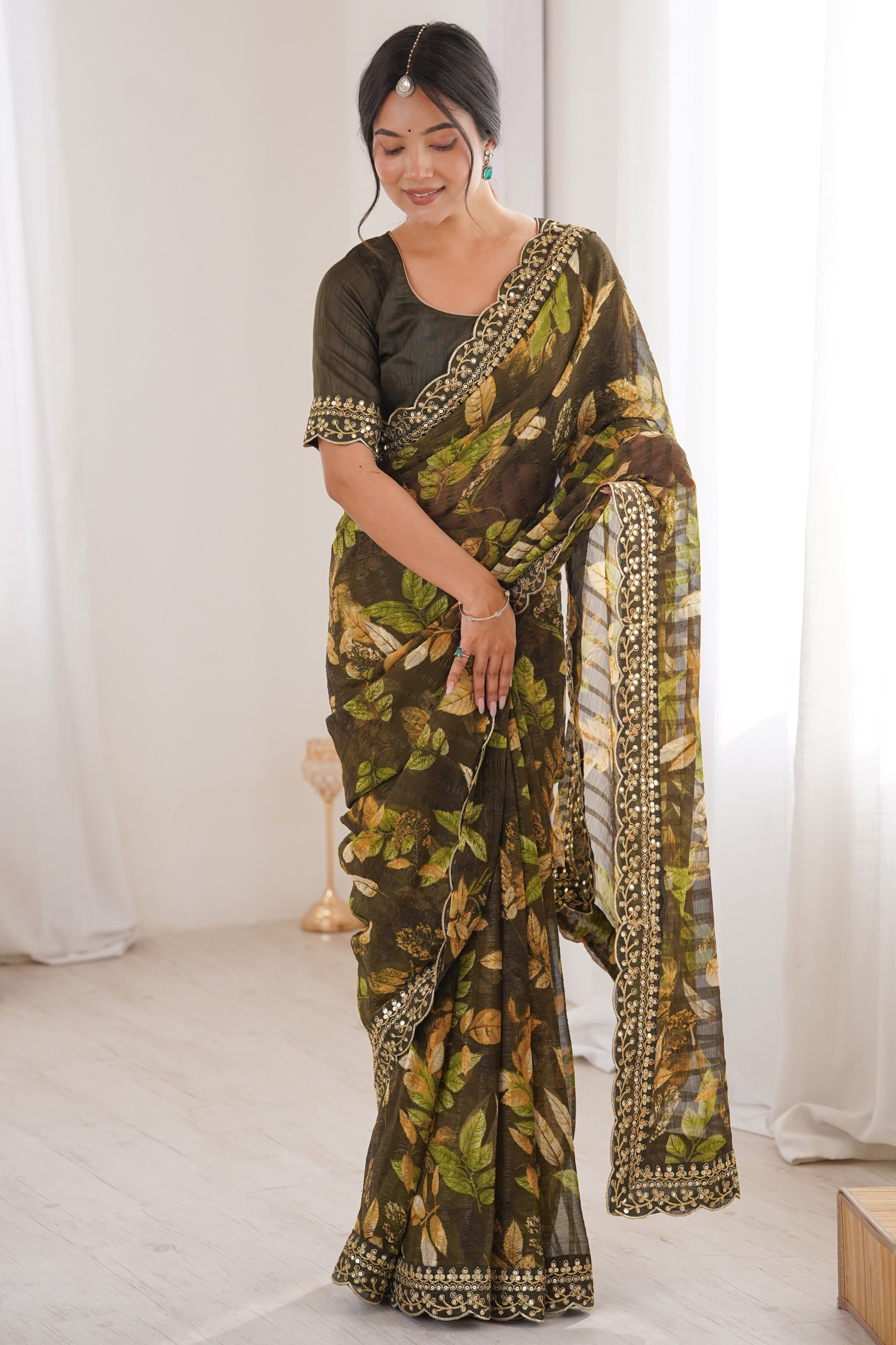 Elegant Green Leaf & Floral Print Georgette Saree With Intricate Cording Sequins Embroidery Border