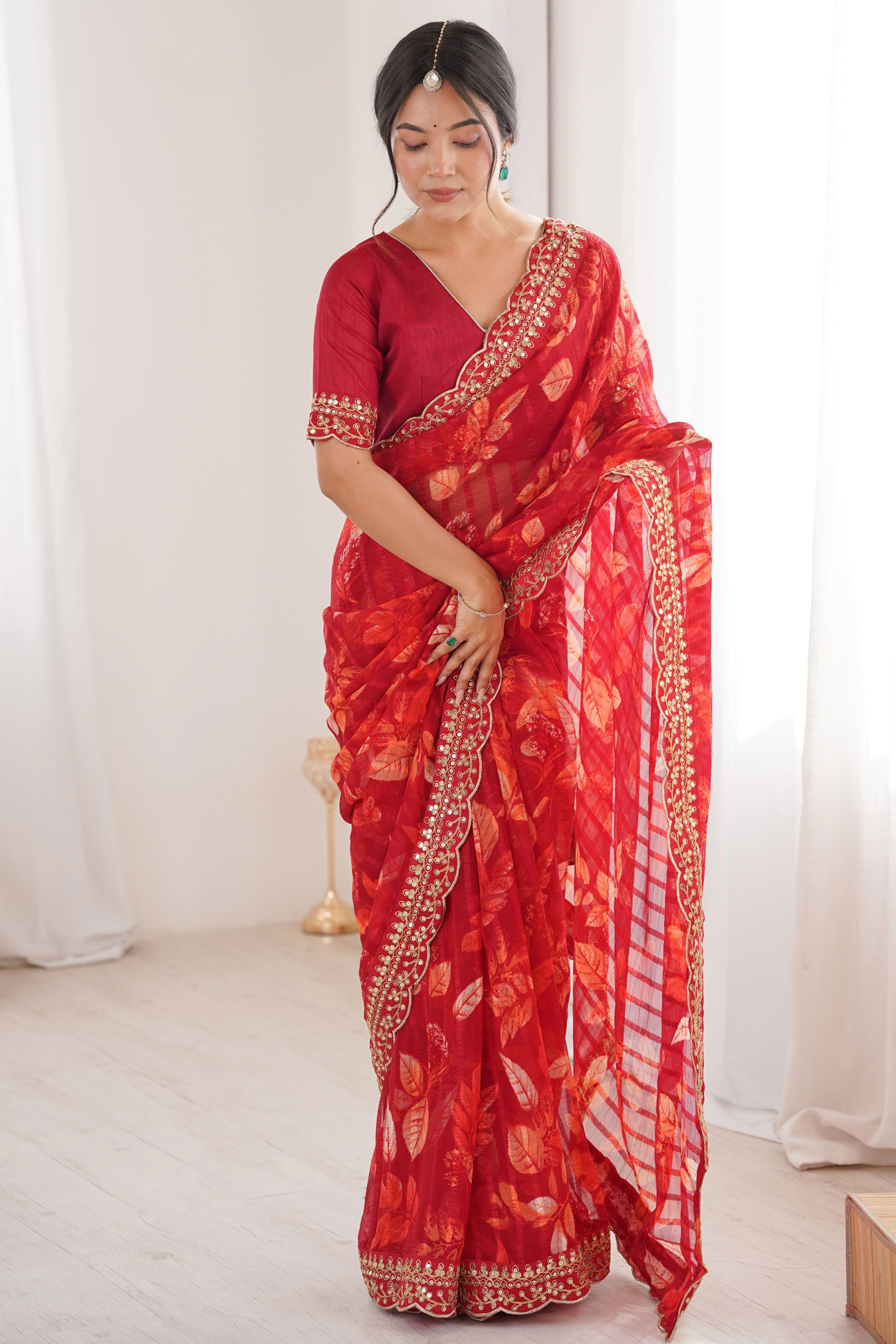 Elegant Red Leaf & Floral Print Georgette Saree With Intricate Cording Sequins Embroidery Border