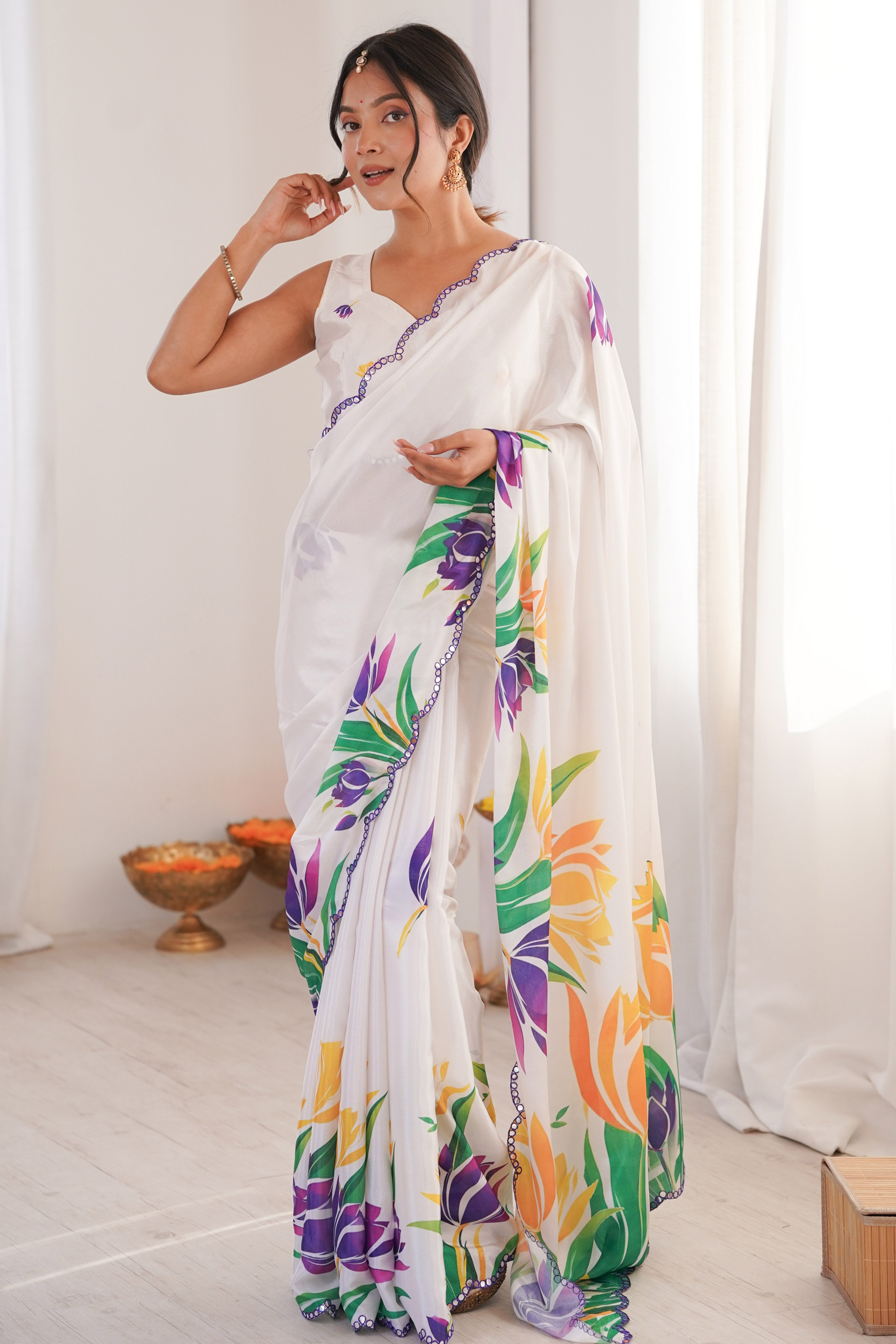 Classic White Floral Digital Print Chinon Saree Featuring Artful Embroidered Border Detailing
