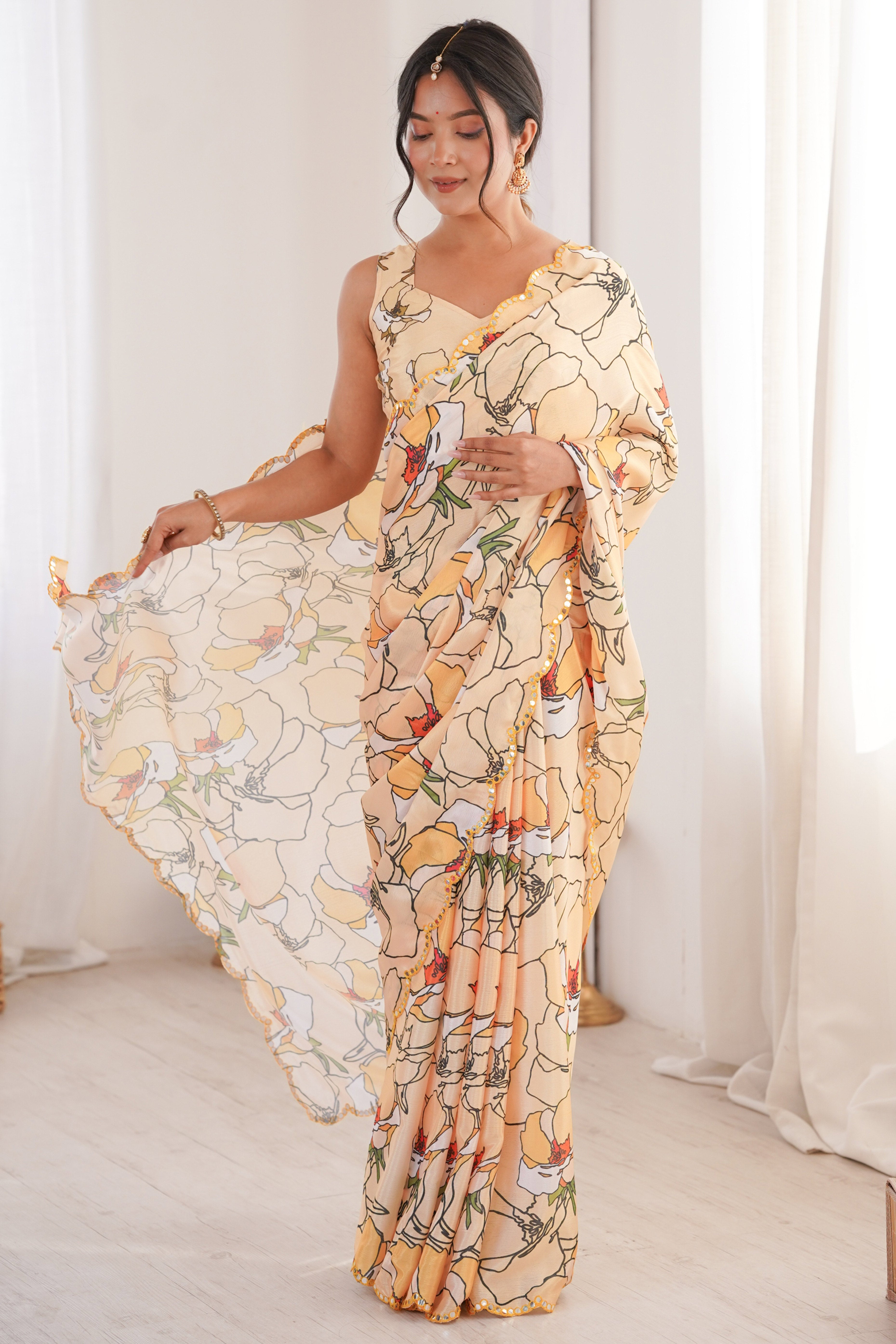 Contemporary Cream Floral Digital Printed Chinon Saree Showcasing Fine Embroidered Border Detailing
