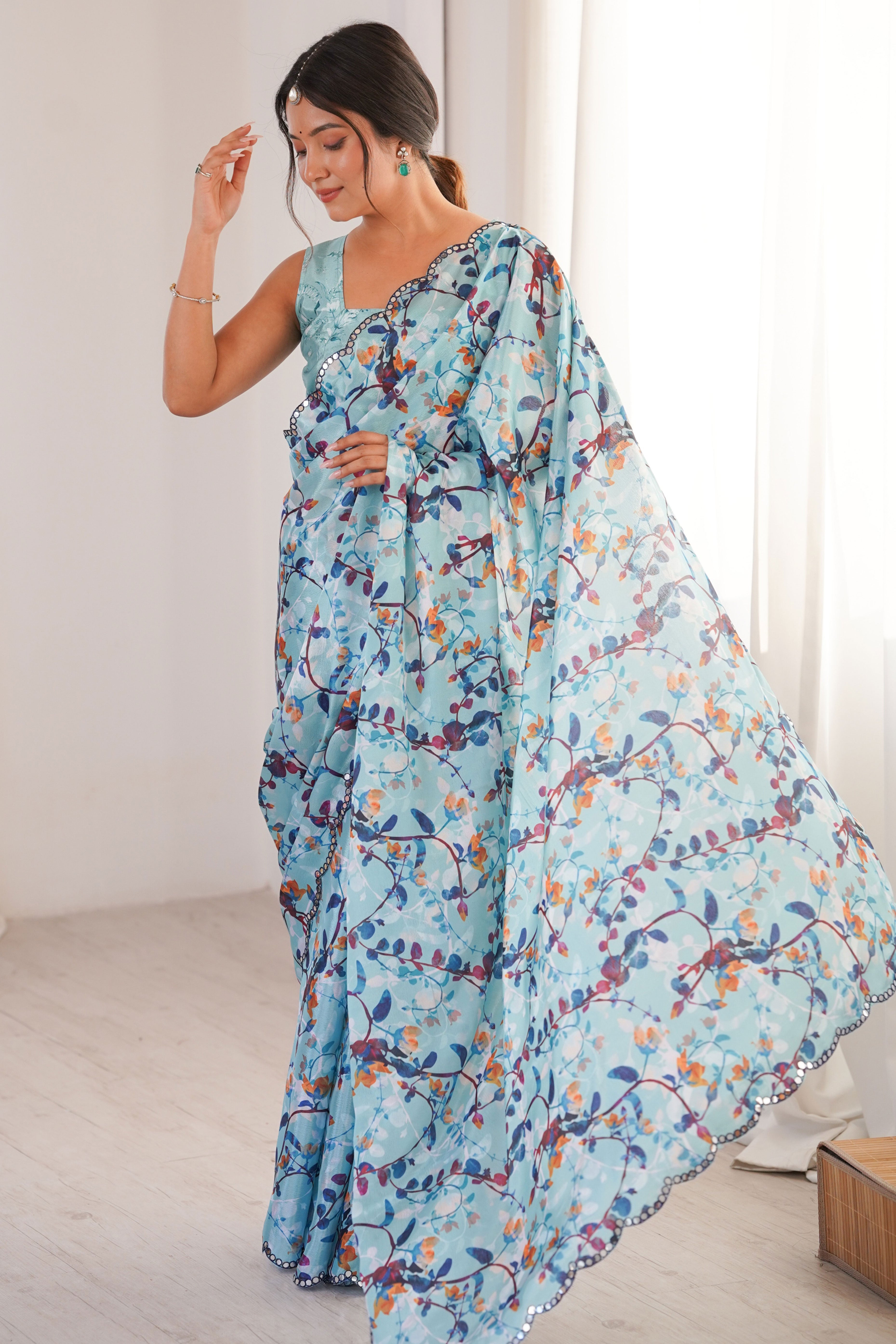 Soft Sky Blue Floral Digital Printed Chinon Saree Enhanced With Premium Embroidered Border Work