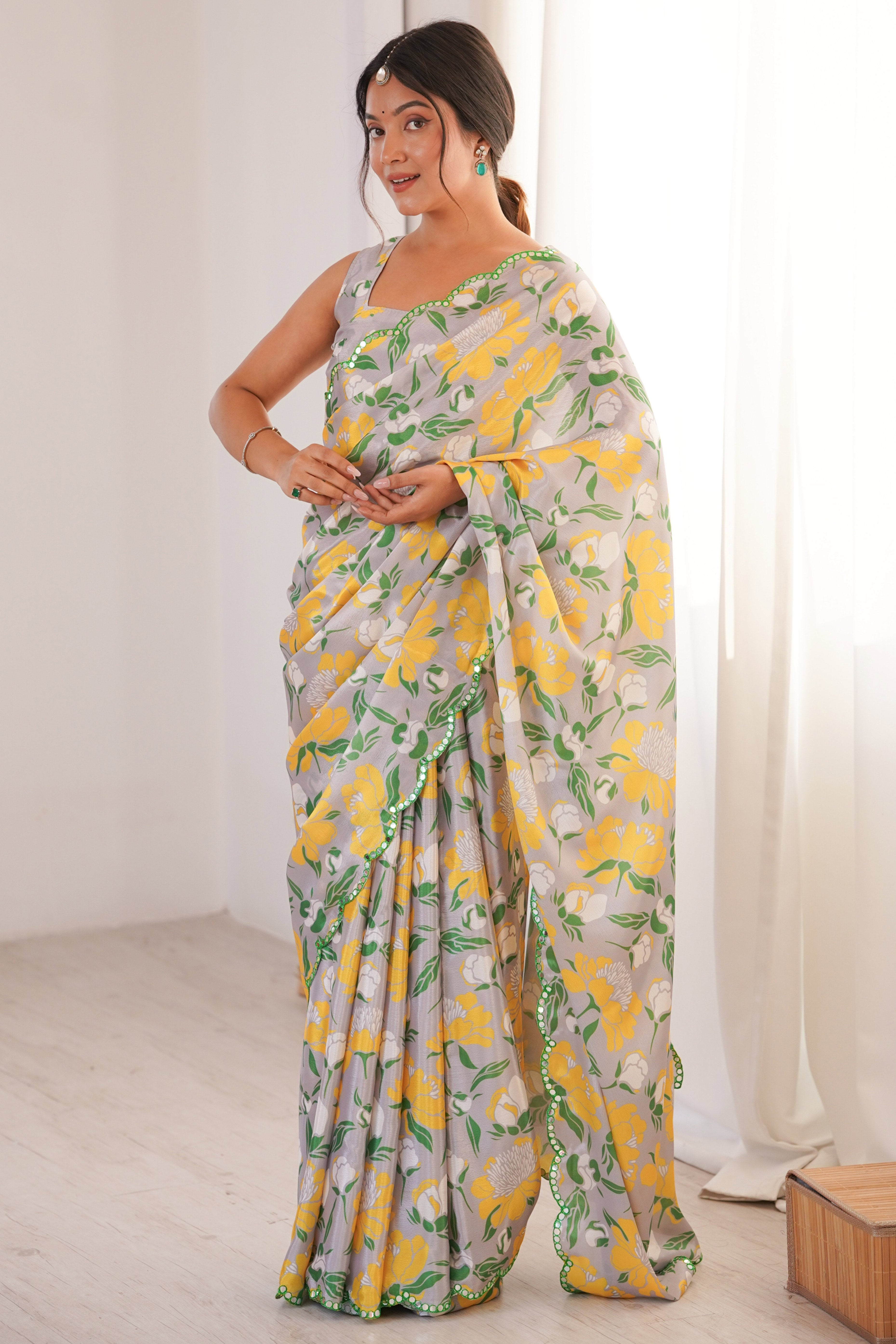 Luxury Grey Floral Digital Printed Chinon Saree Showcasing Elegant Embroidered Border Detailing