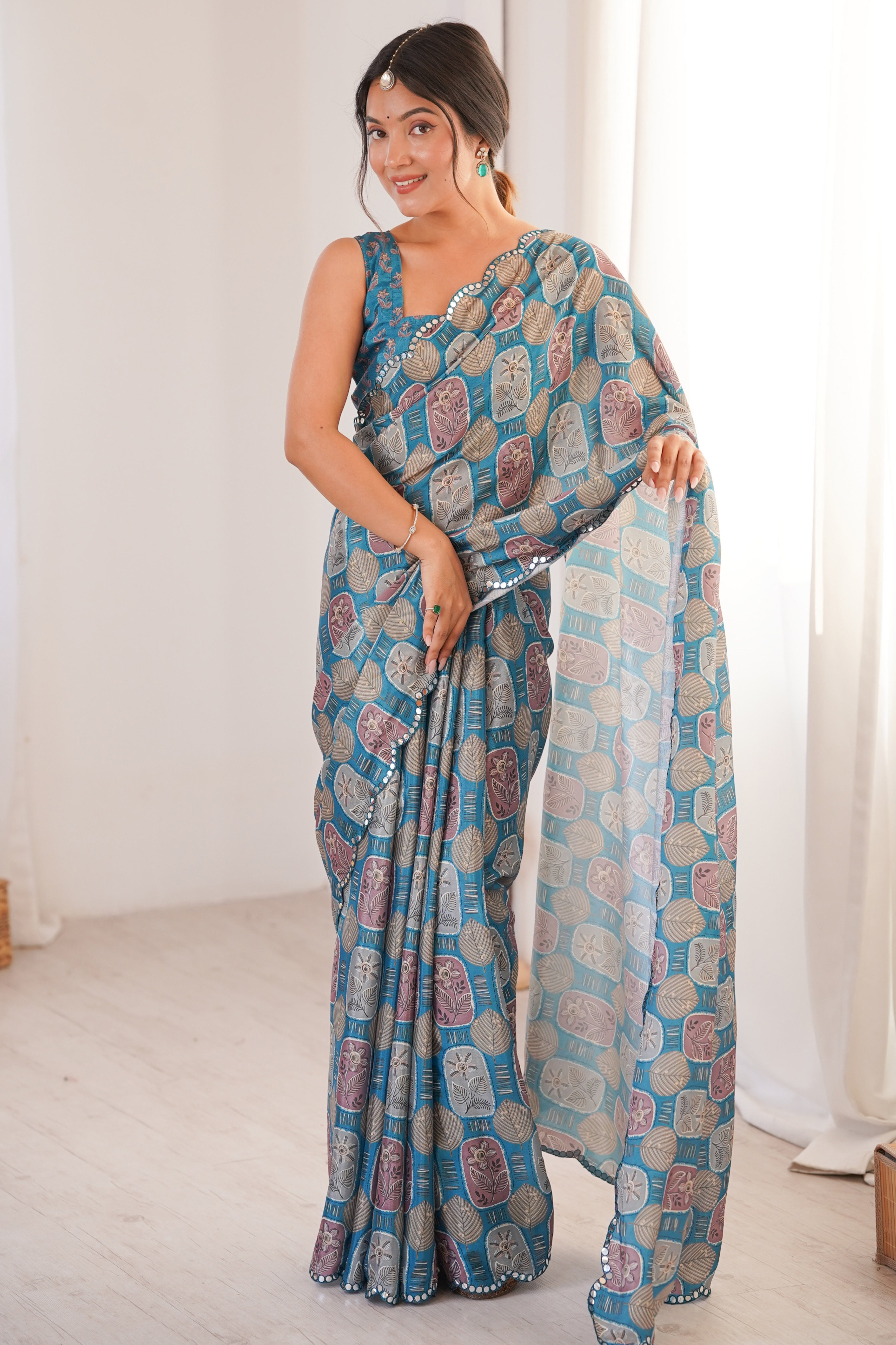 Timeless Teal Blue Floral Digital Printed Chinon Saree Enhanced With Fine Embroidered Border