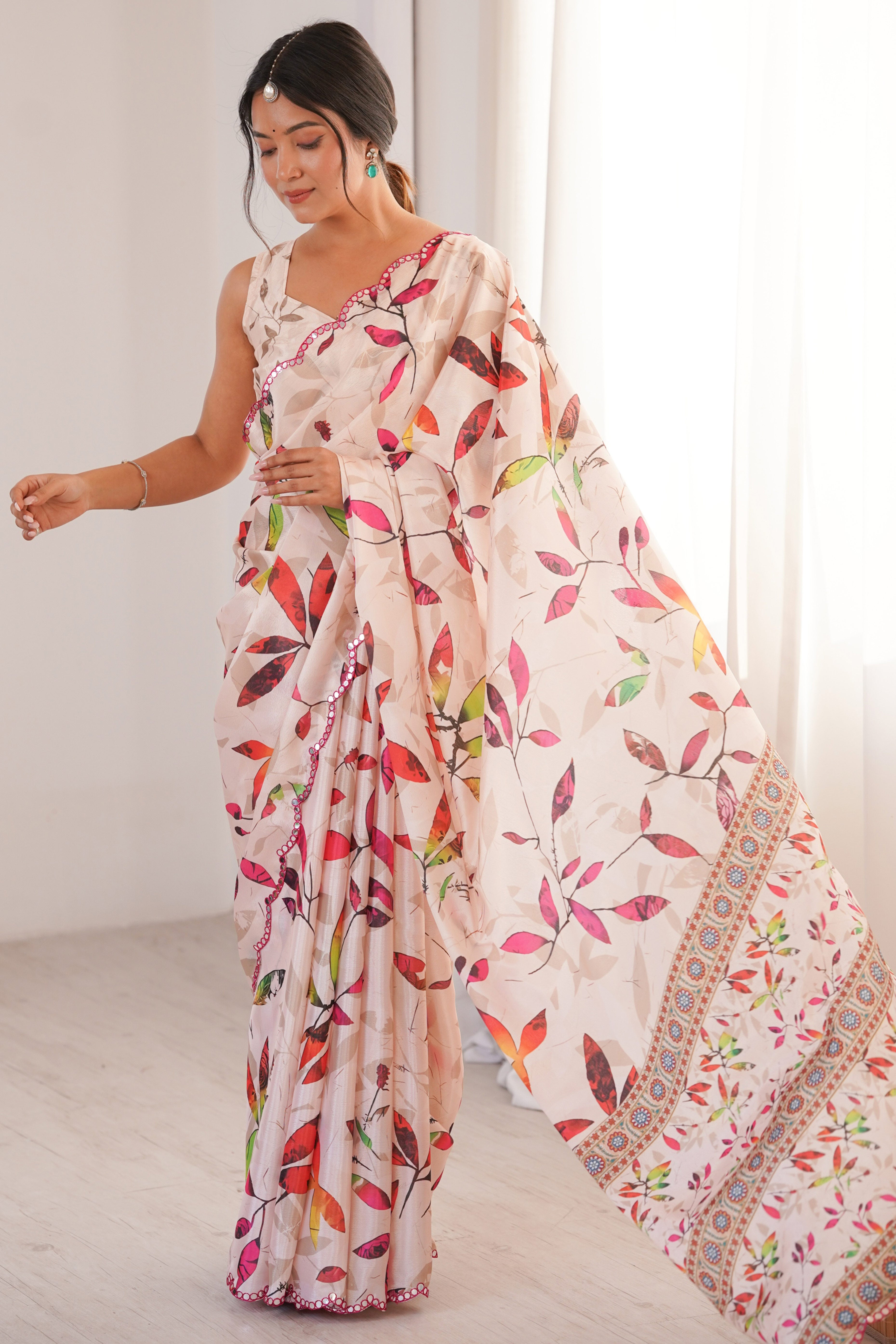 Elegant Offwhite Leaf & Floral Digital Printed Chinon Saree Accented With Embroidered Border