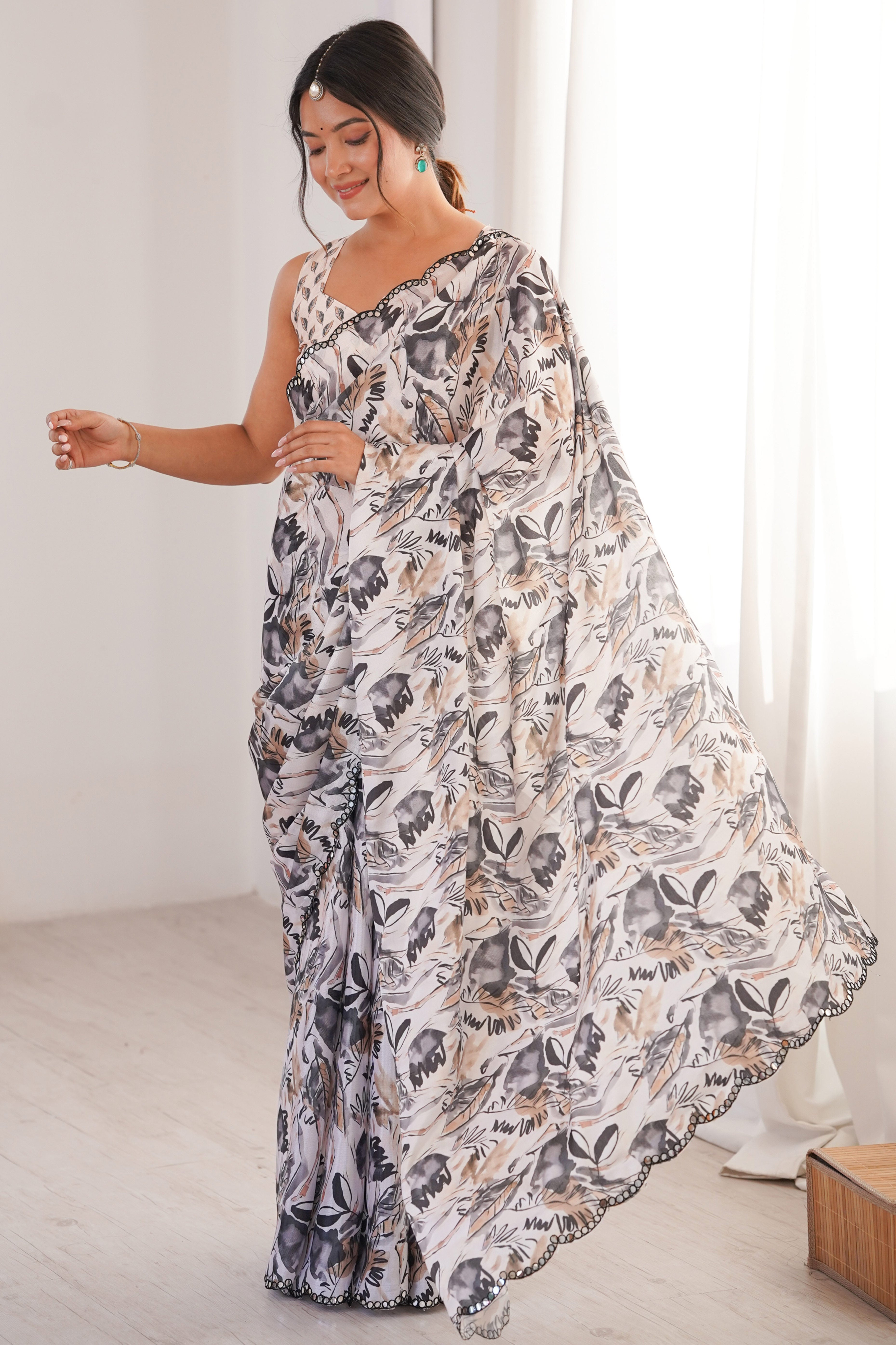 Opulent White Leaf Digital Printed Chinon Saree Enhanced With Premium Embroidered Border