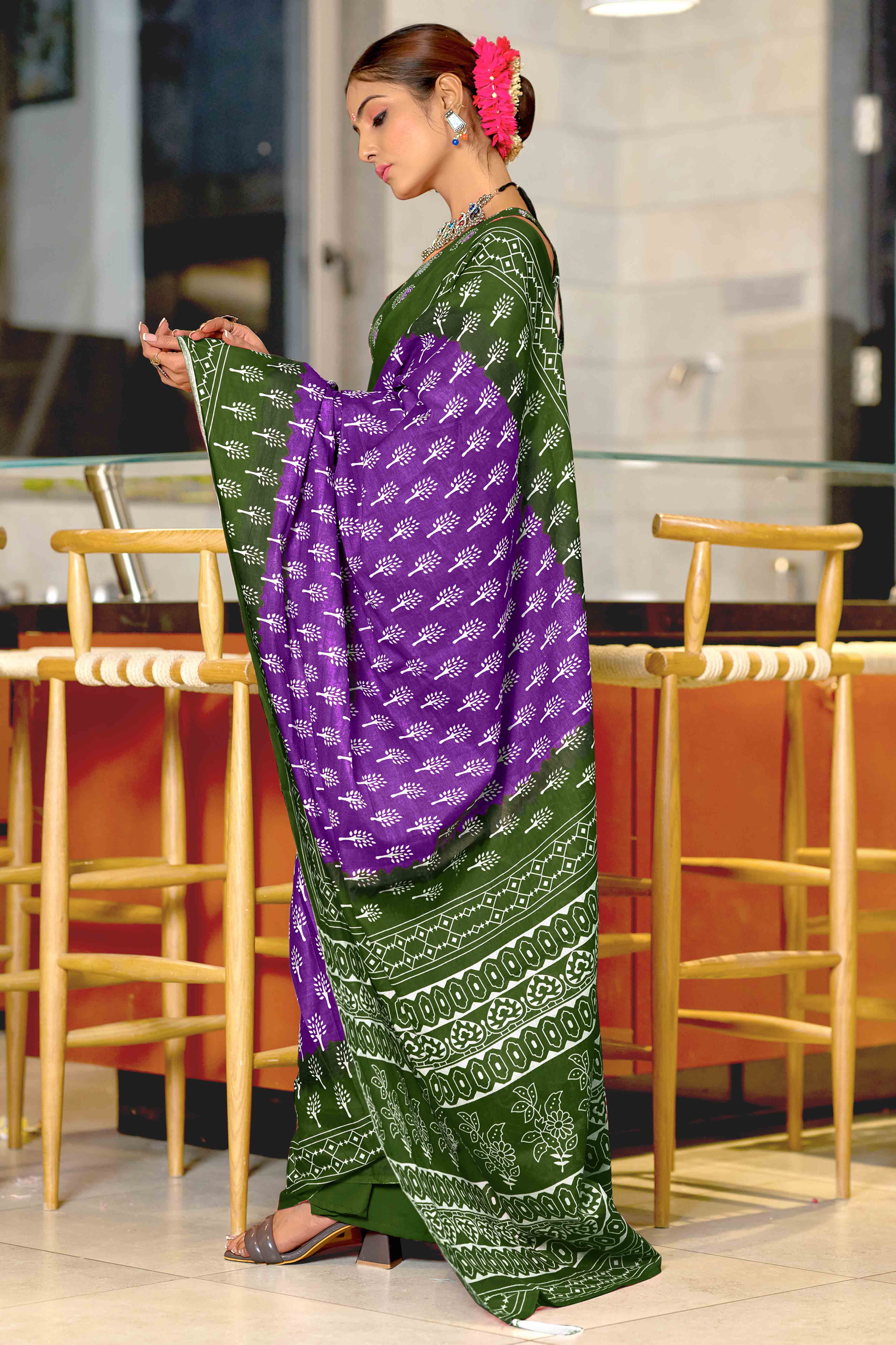 Fresh Green & Purple Soft Cotton Saree with All-Over Floral Prints