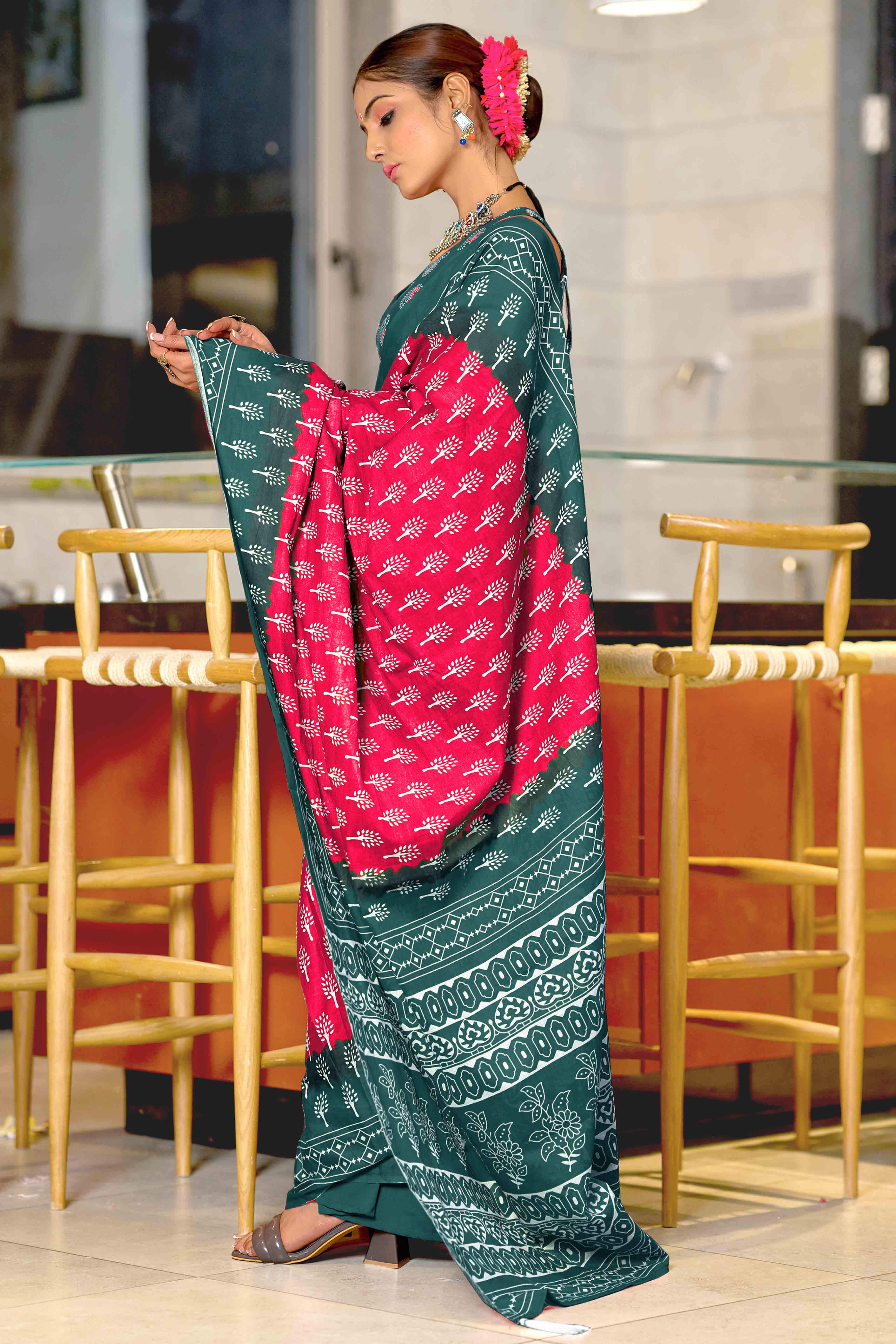 Teal Blue & Pink Soft Cotton Saree with Charming Floral Design