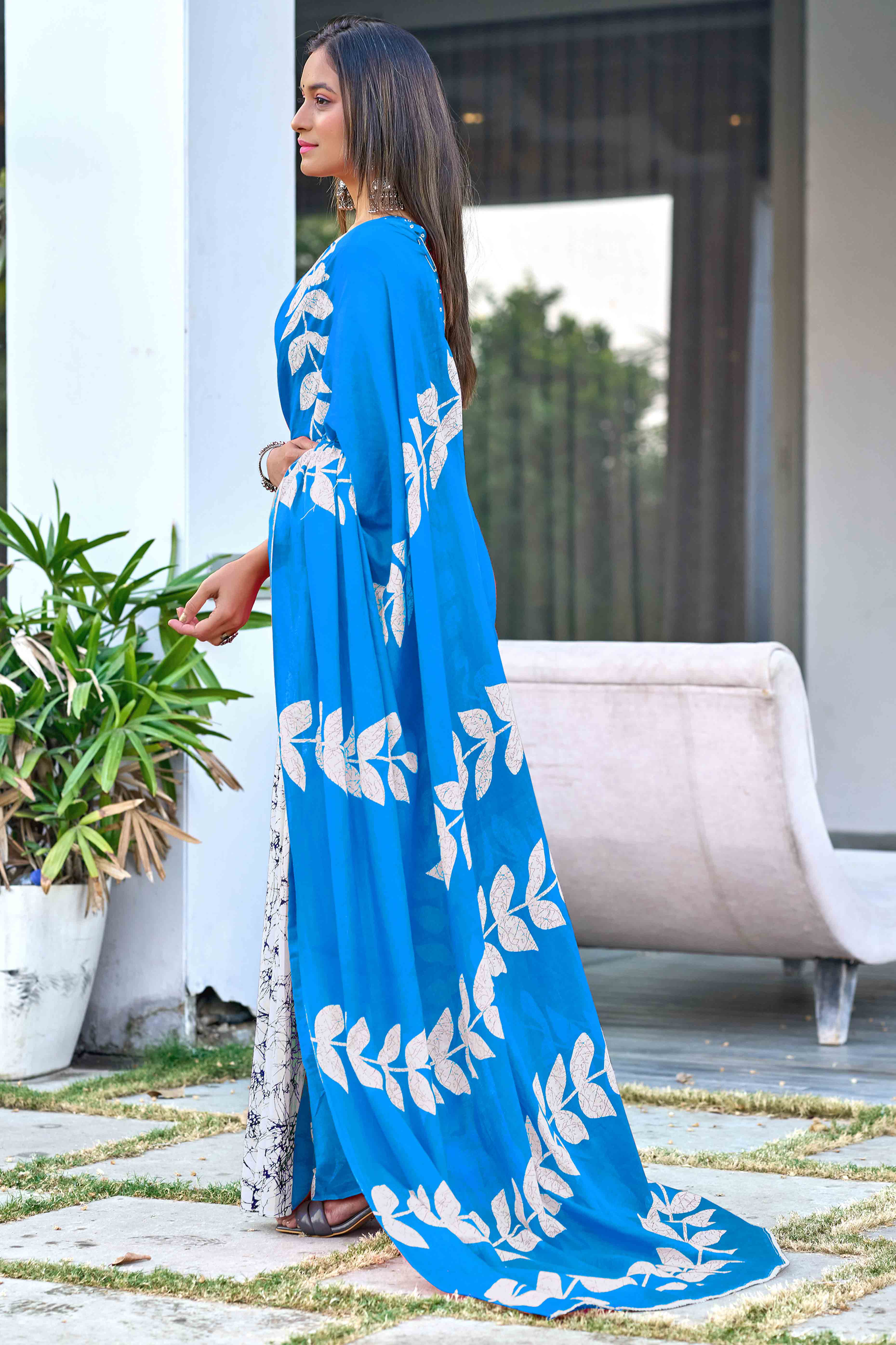 Sky Blue Pure Cotton Saree with Stylish Bagru Patterns