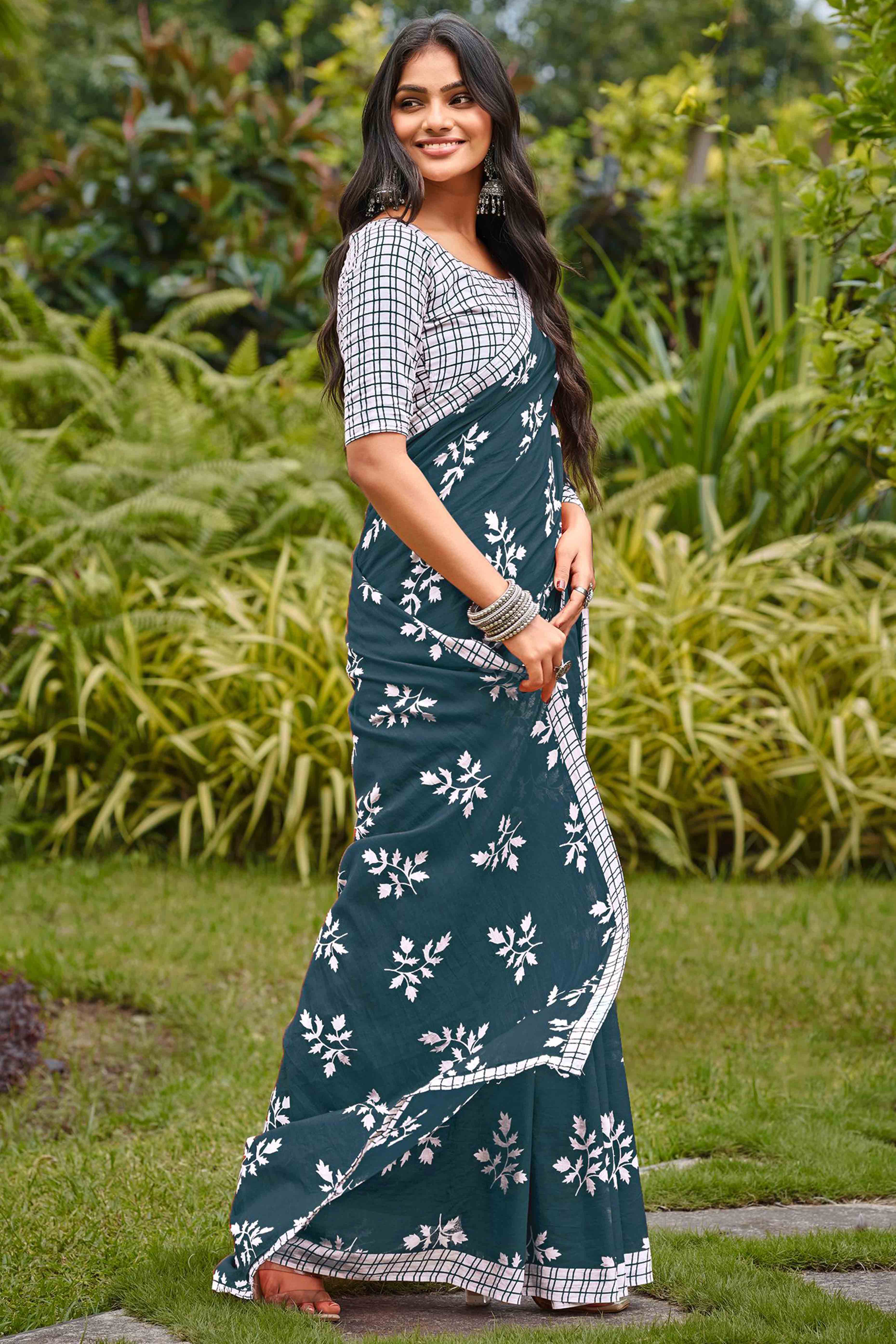 Dark Grey Floral Printed Fancy Light Weight Cotton Saree