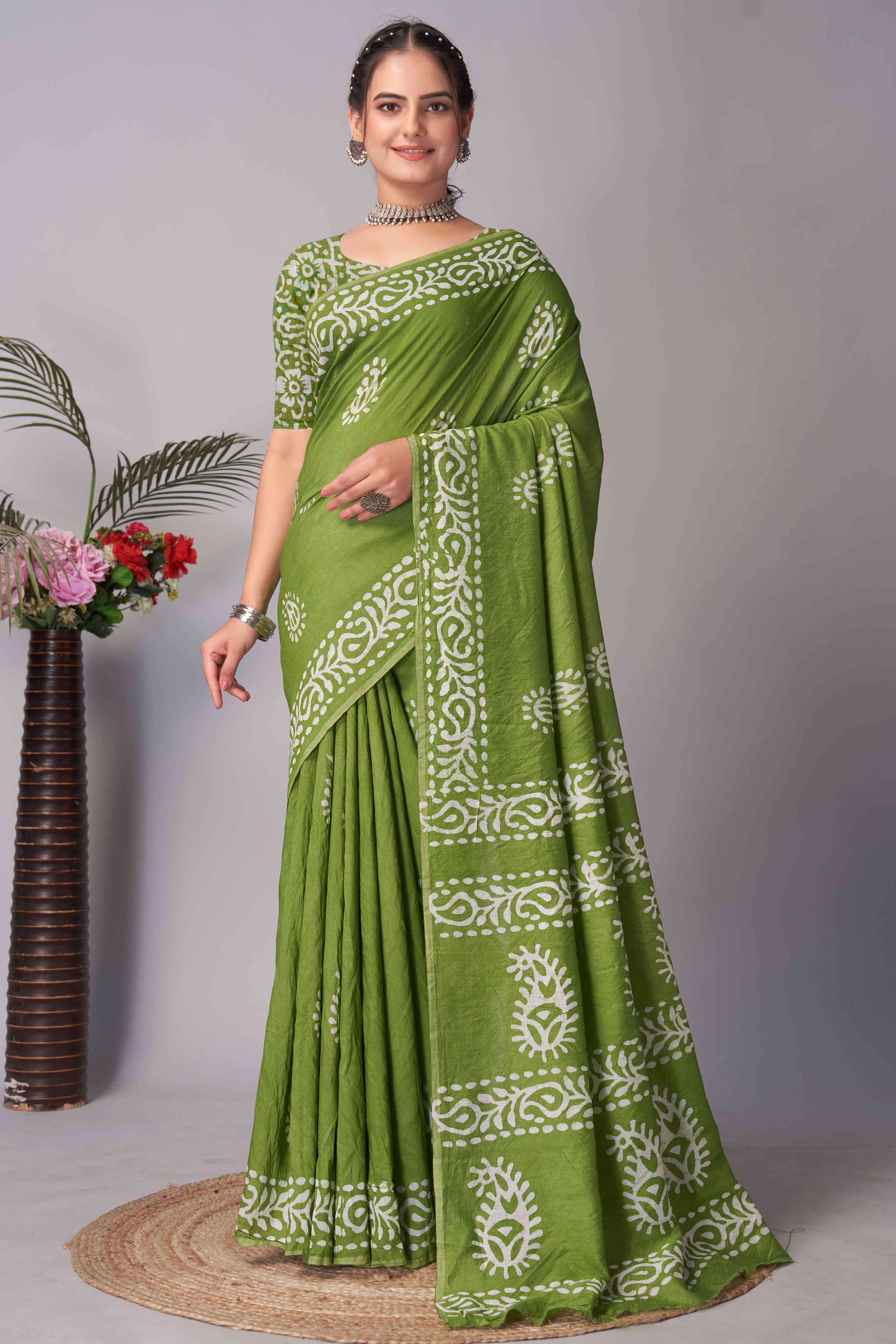 Parrot Green Batik Printed Chanderi Cotton Silk Saree