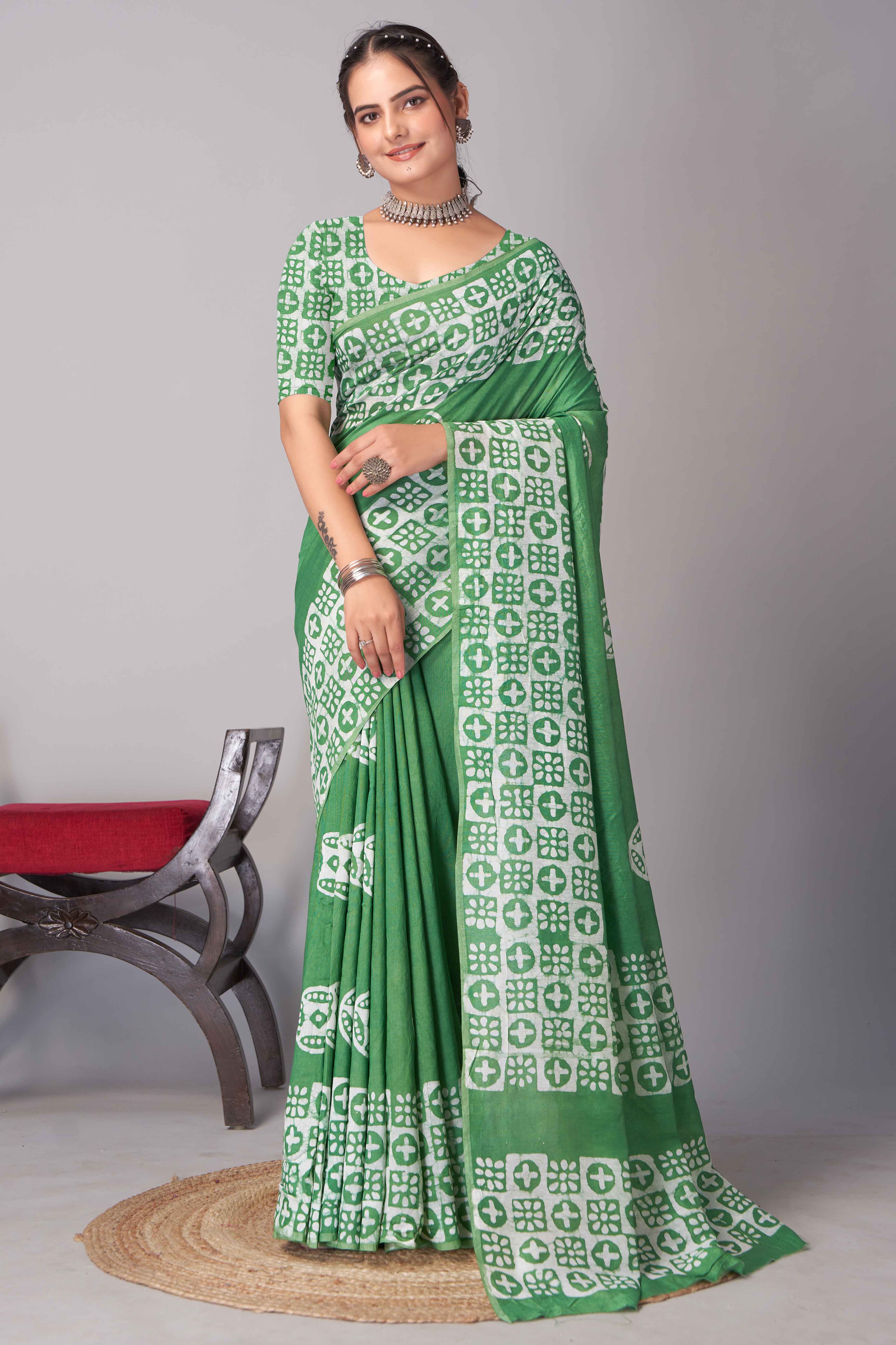 Green Batik Printed Chanderi Cotton Silk Saree