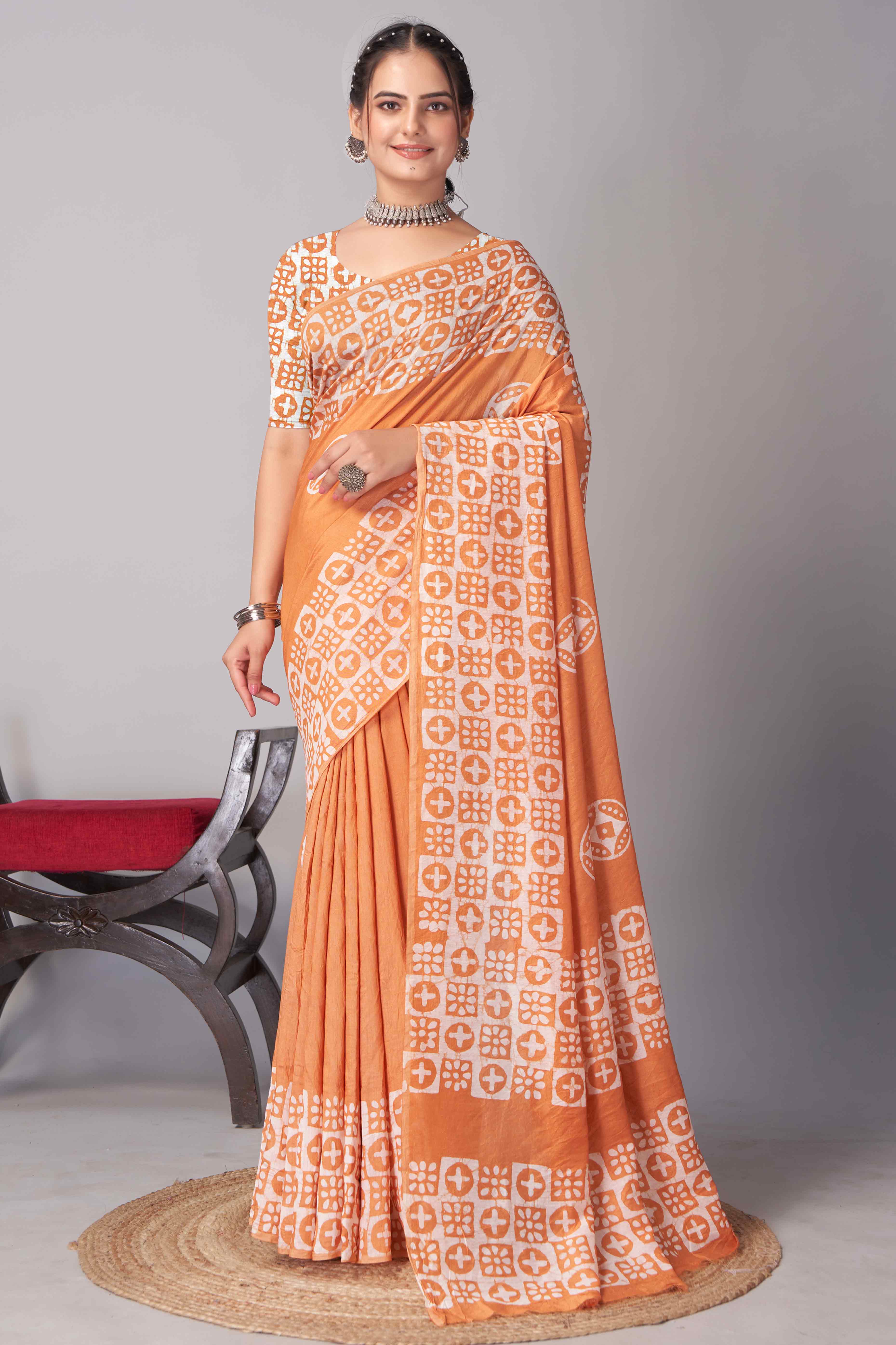 Orange Batik Printed Chanderi Cotton Silk Saree