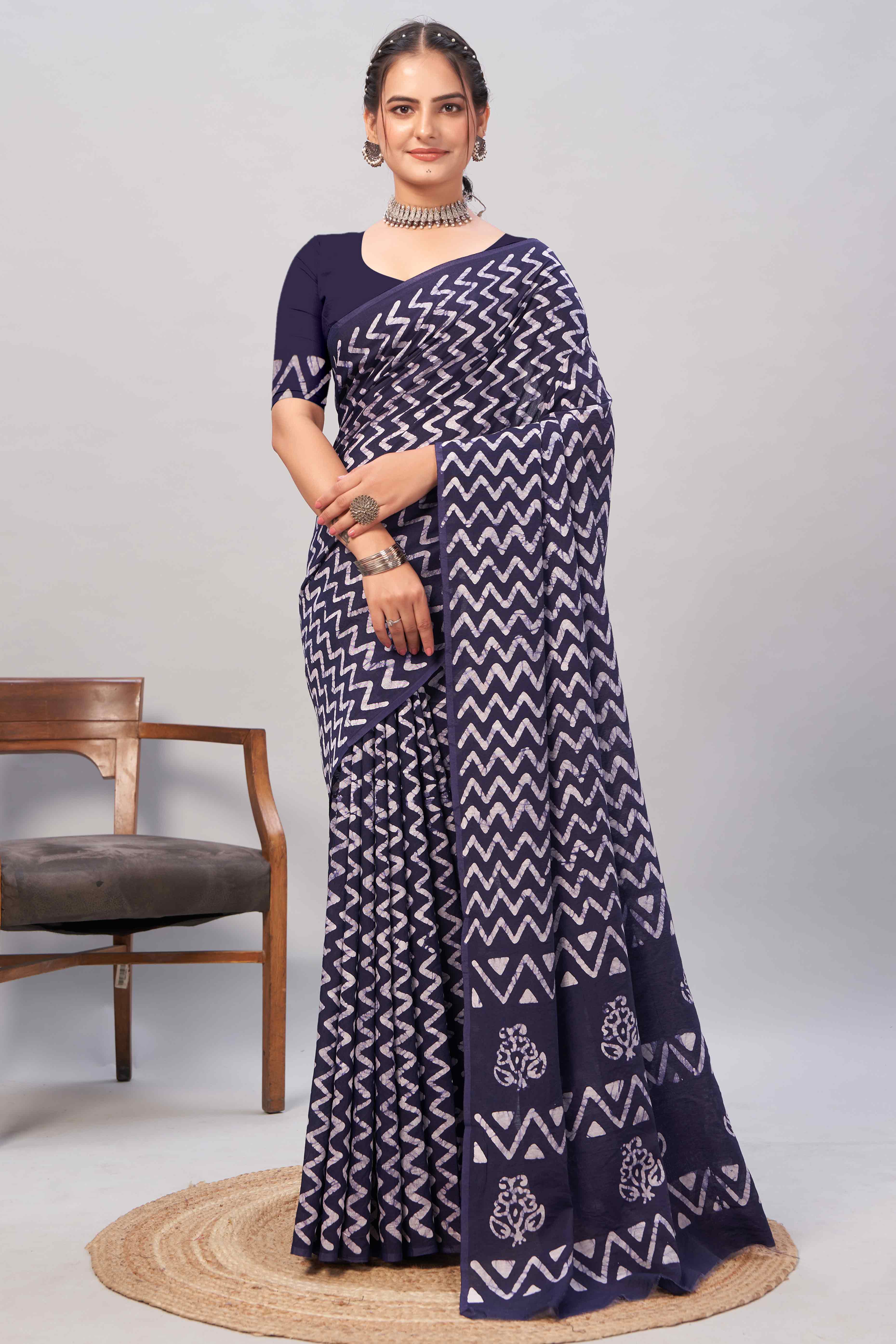 Dark Blue Zig Zag Batik Printed Chanderi Cotton Silk Saree