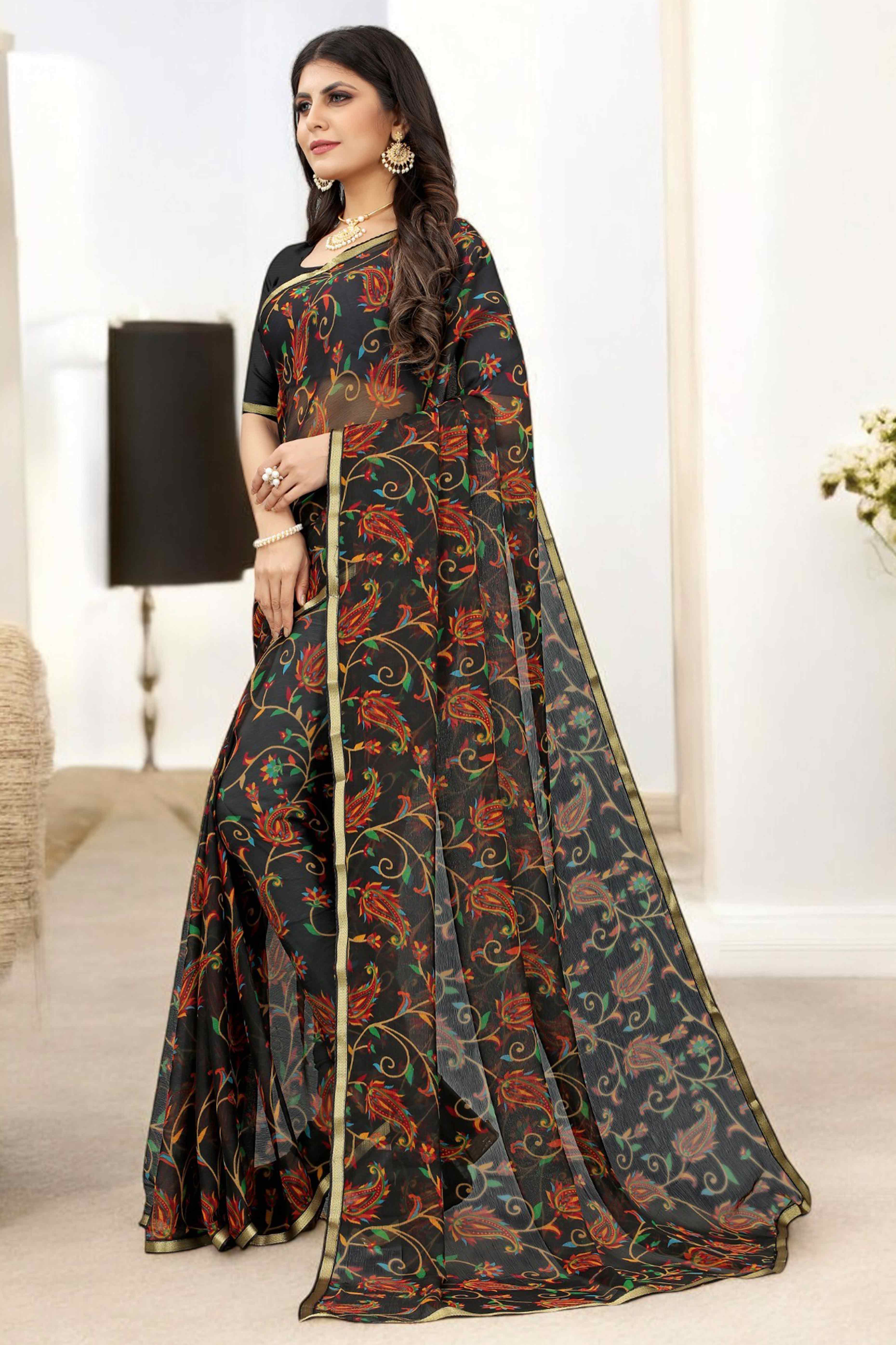 Black Printed Chiffon Saree With Lace Border