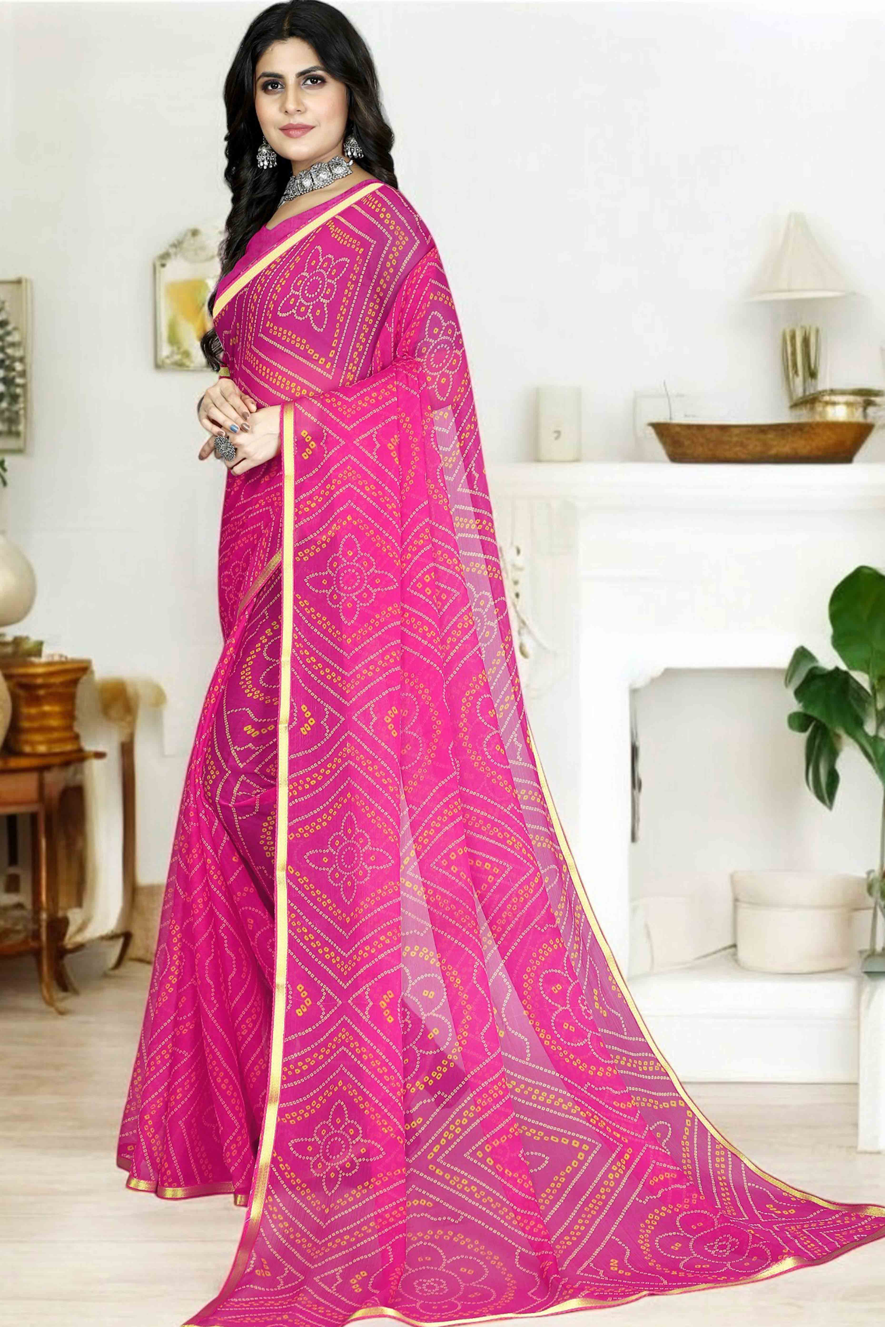 Pink Bandhani Printed Chiffon Saree With Lace Border
