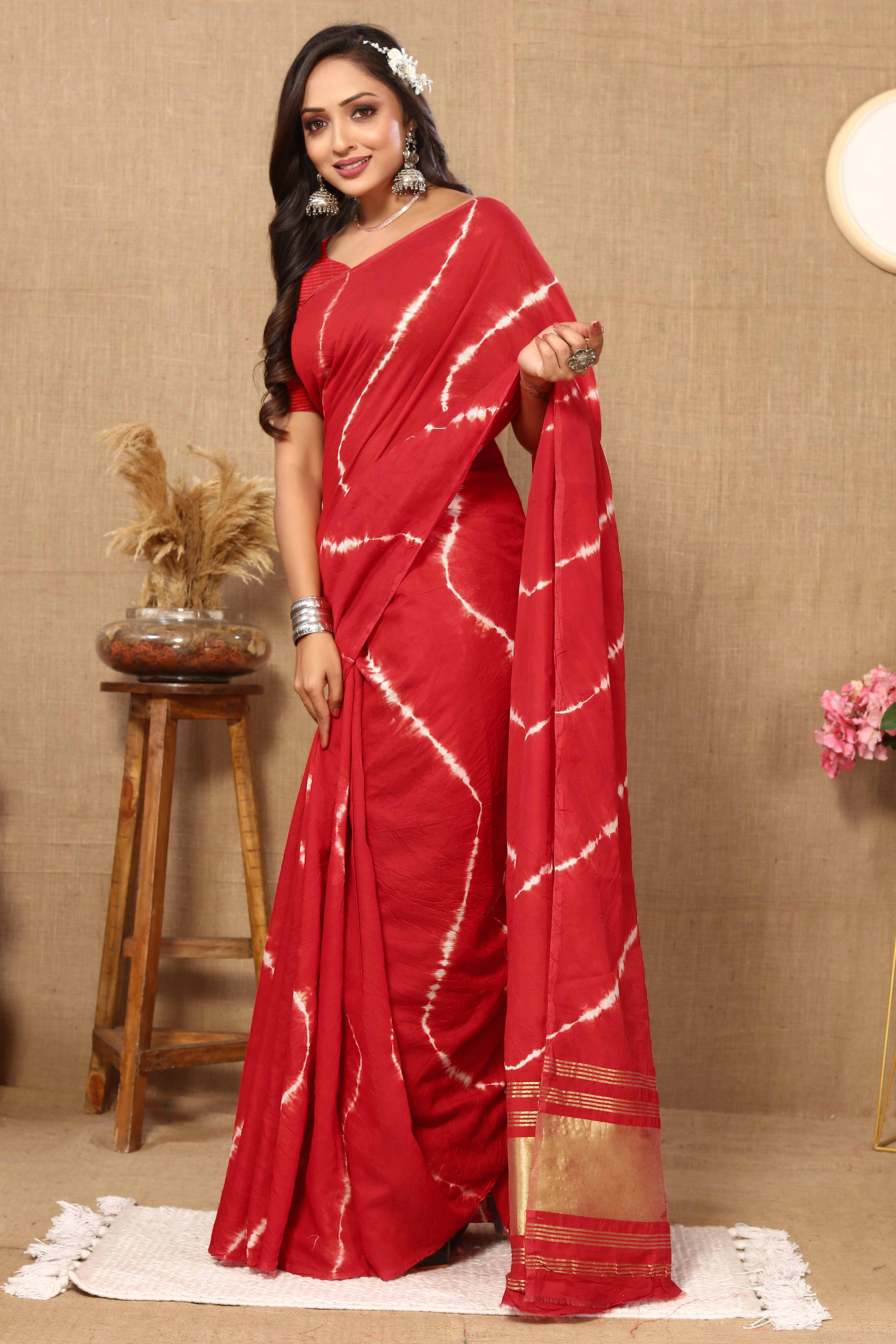 Red Leheriya Printed Chanderi Cotton Silk Lagdi Patta Saree