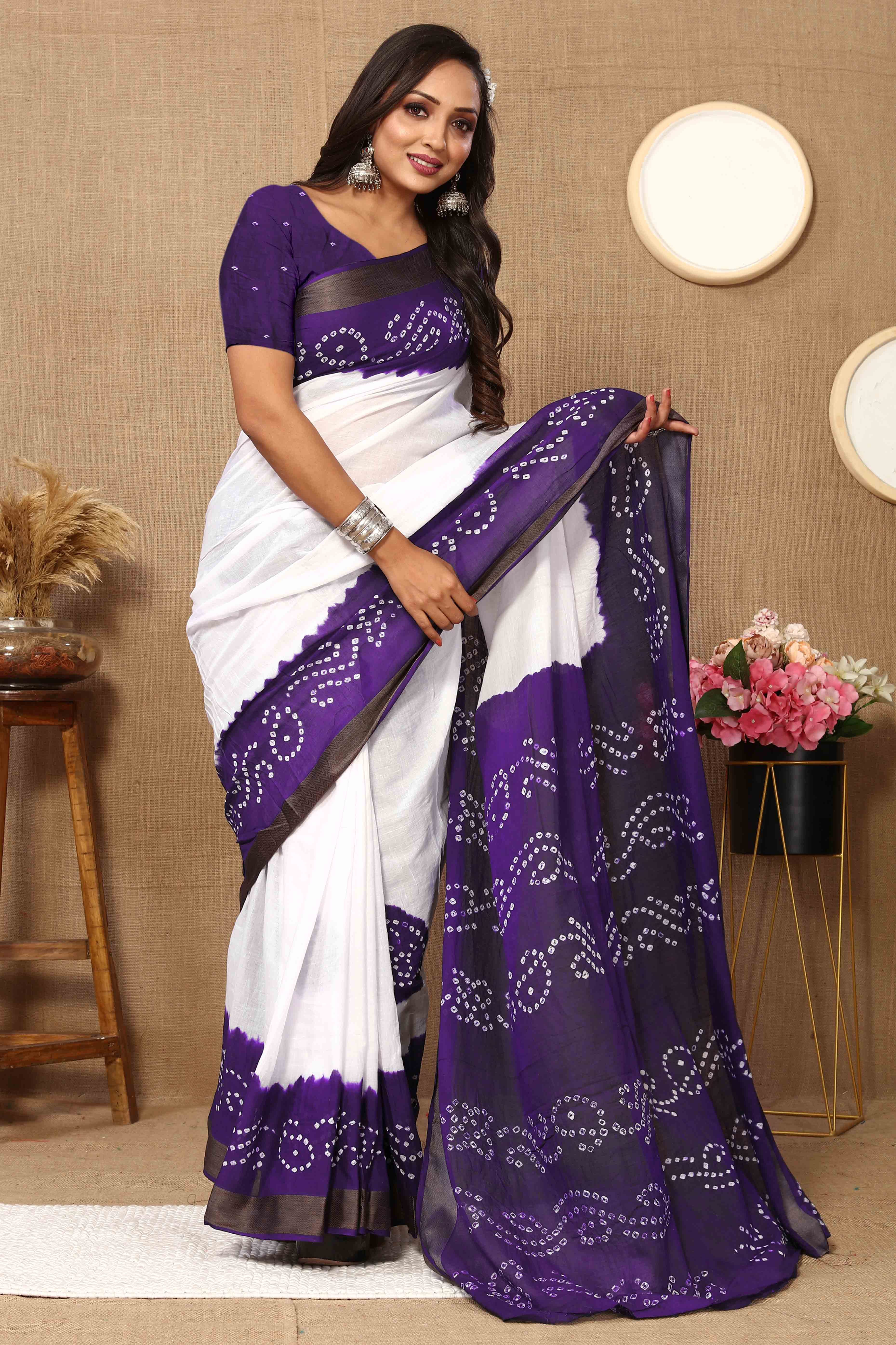 Purple & White Bandhani Printed Mul Mul Pure Cotton Saree