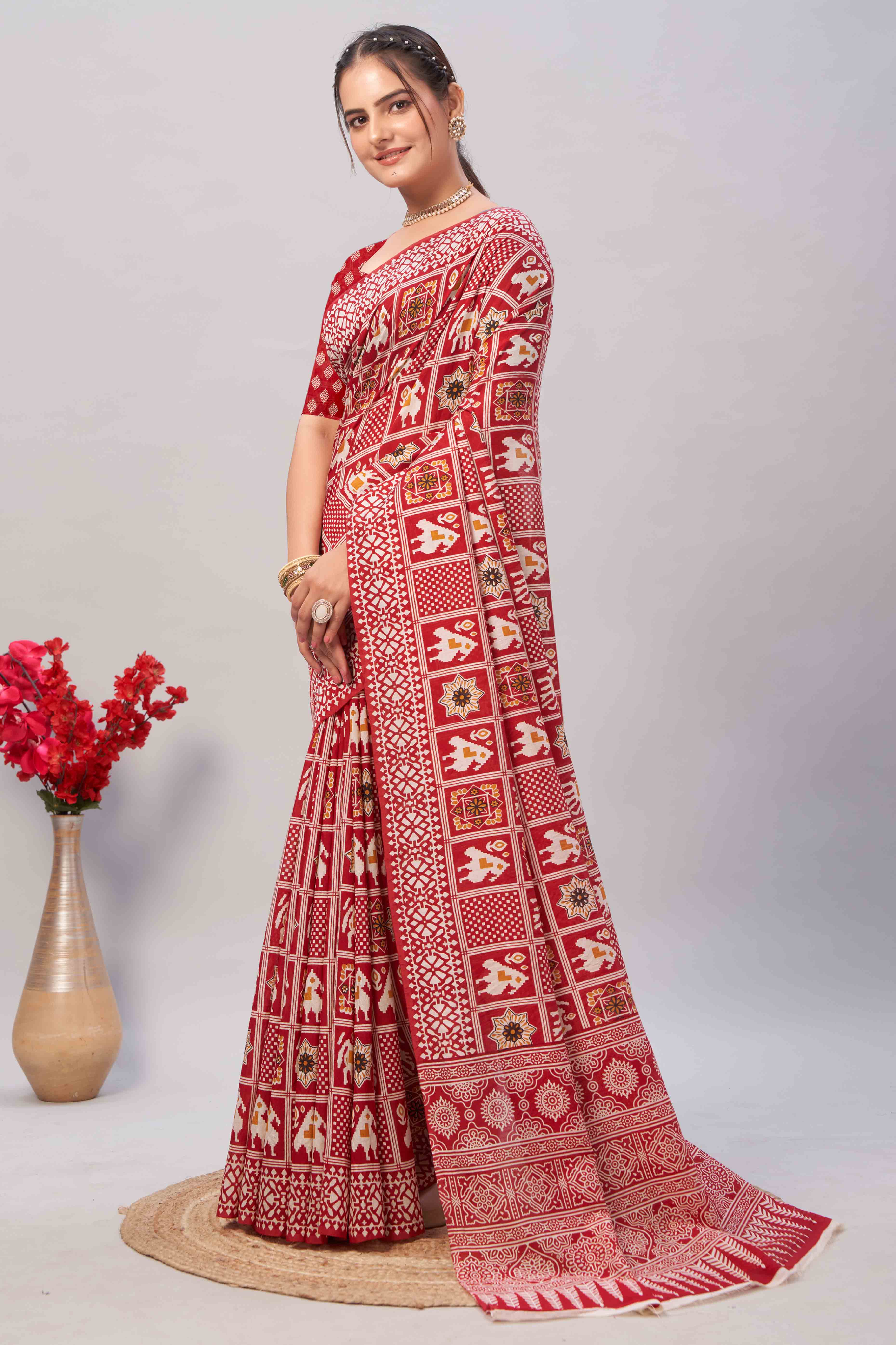 Red Ajrakh Printed Cotton Blend Saree