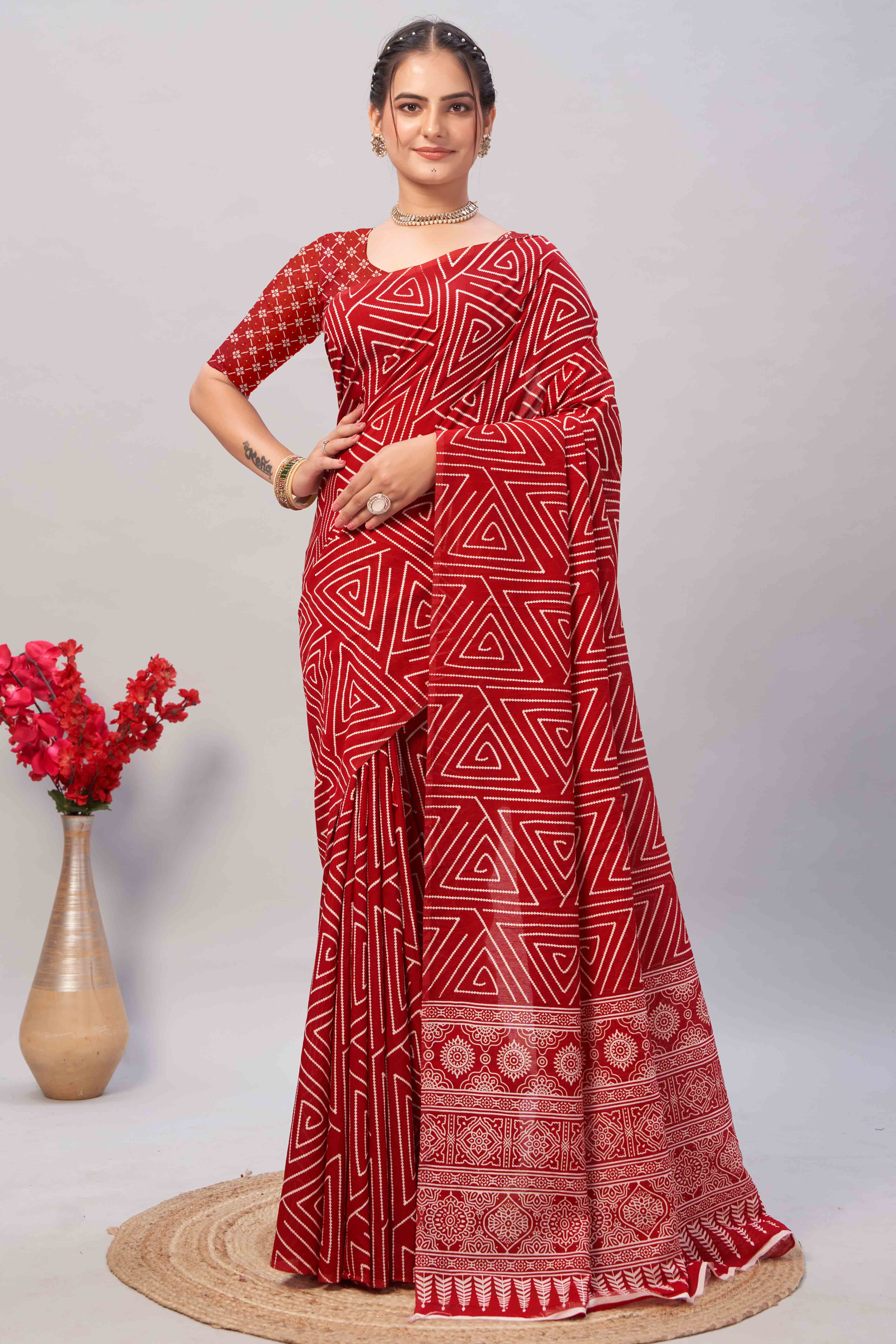 Red Ajrakh Printed Cotton Blend Saree