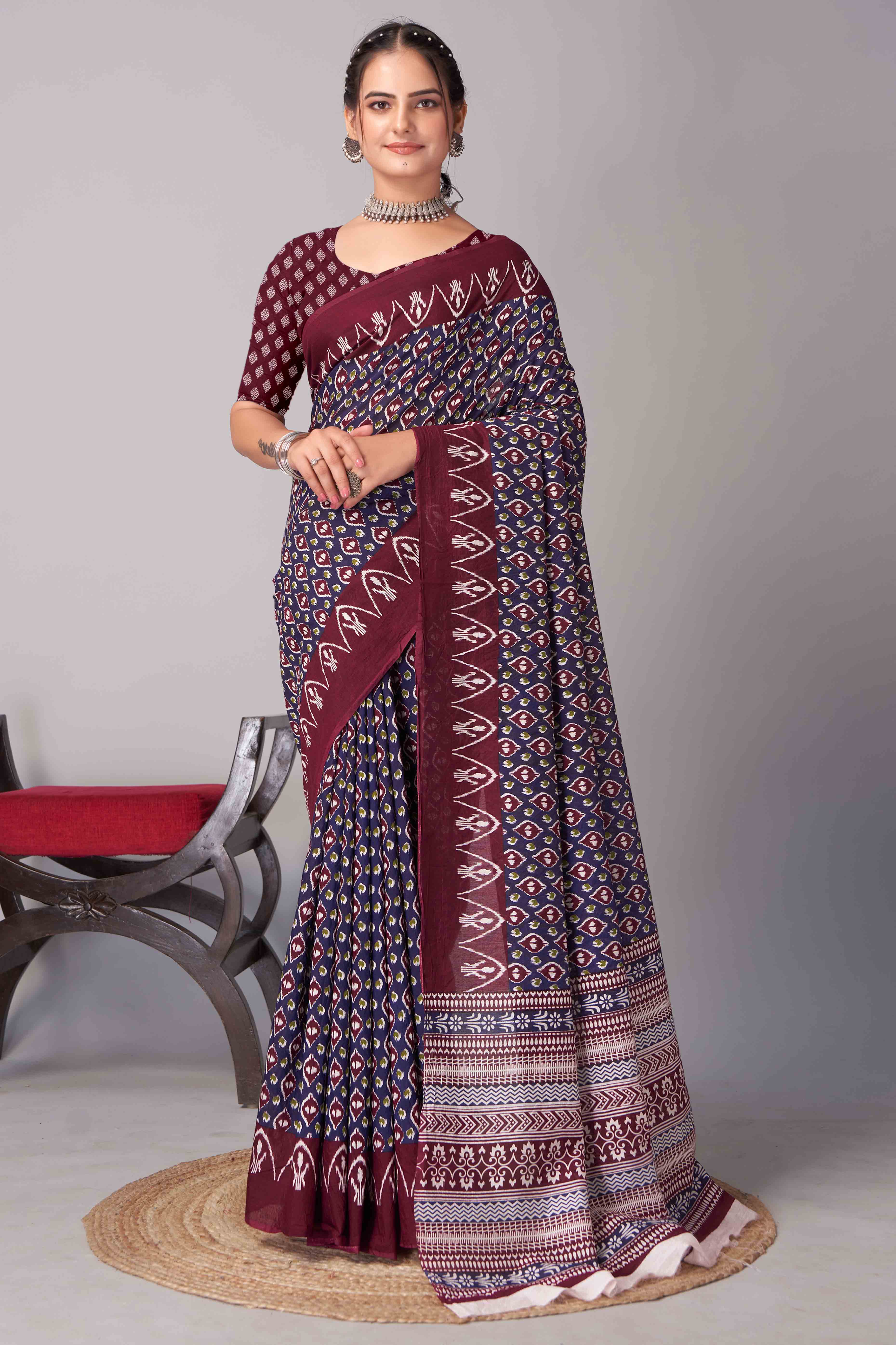 Blue & Maroon Ajrakh Printed Cotton Blend Saree