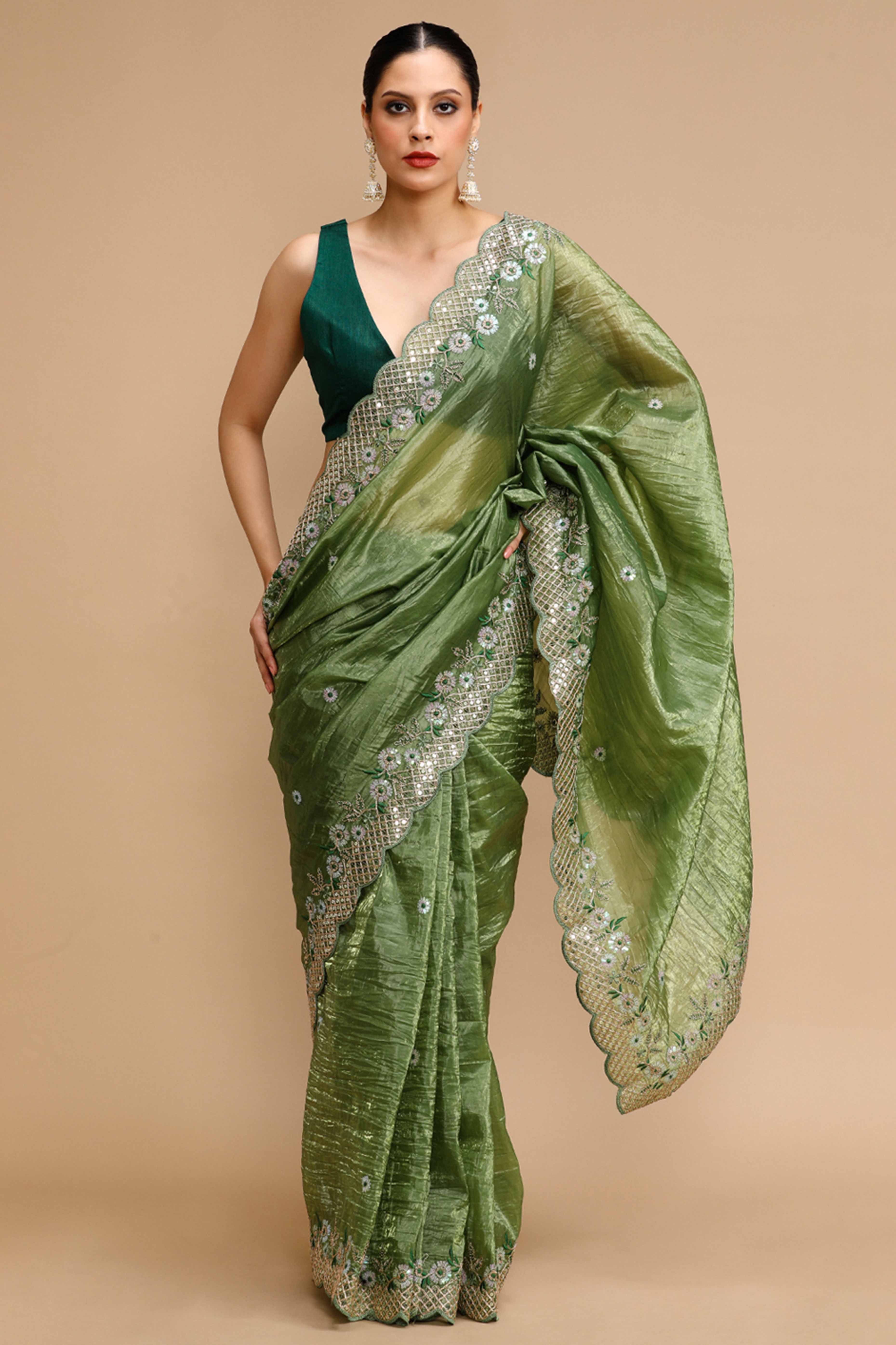 Forest Green Floral Design Art Silk Saree with Glittering Sequins Embroidery