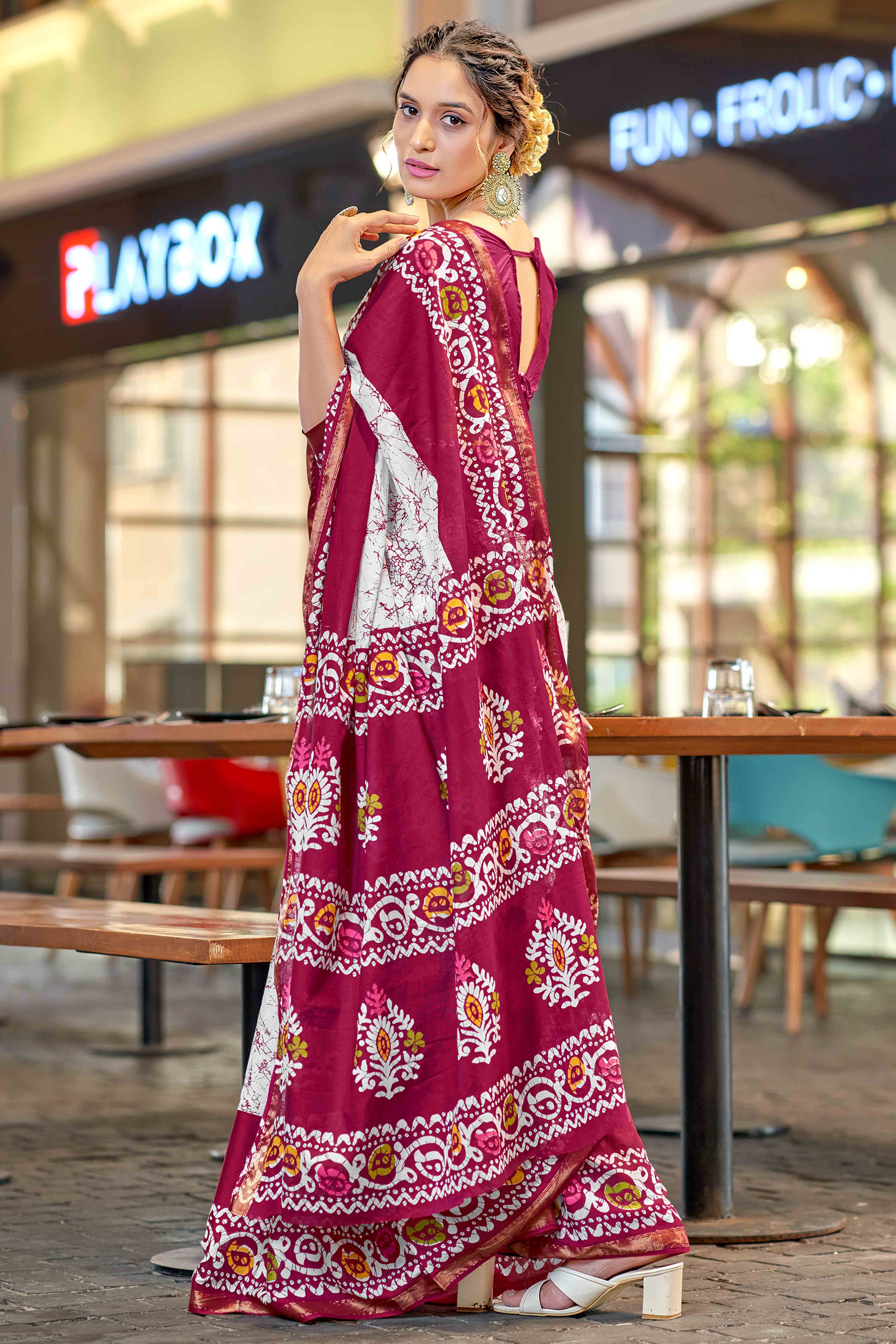 Blossom Pink Batik Traditional Print Printed Pure Mulmul Cotton Saree