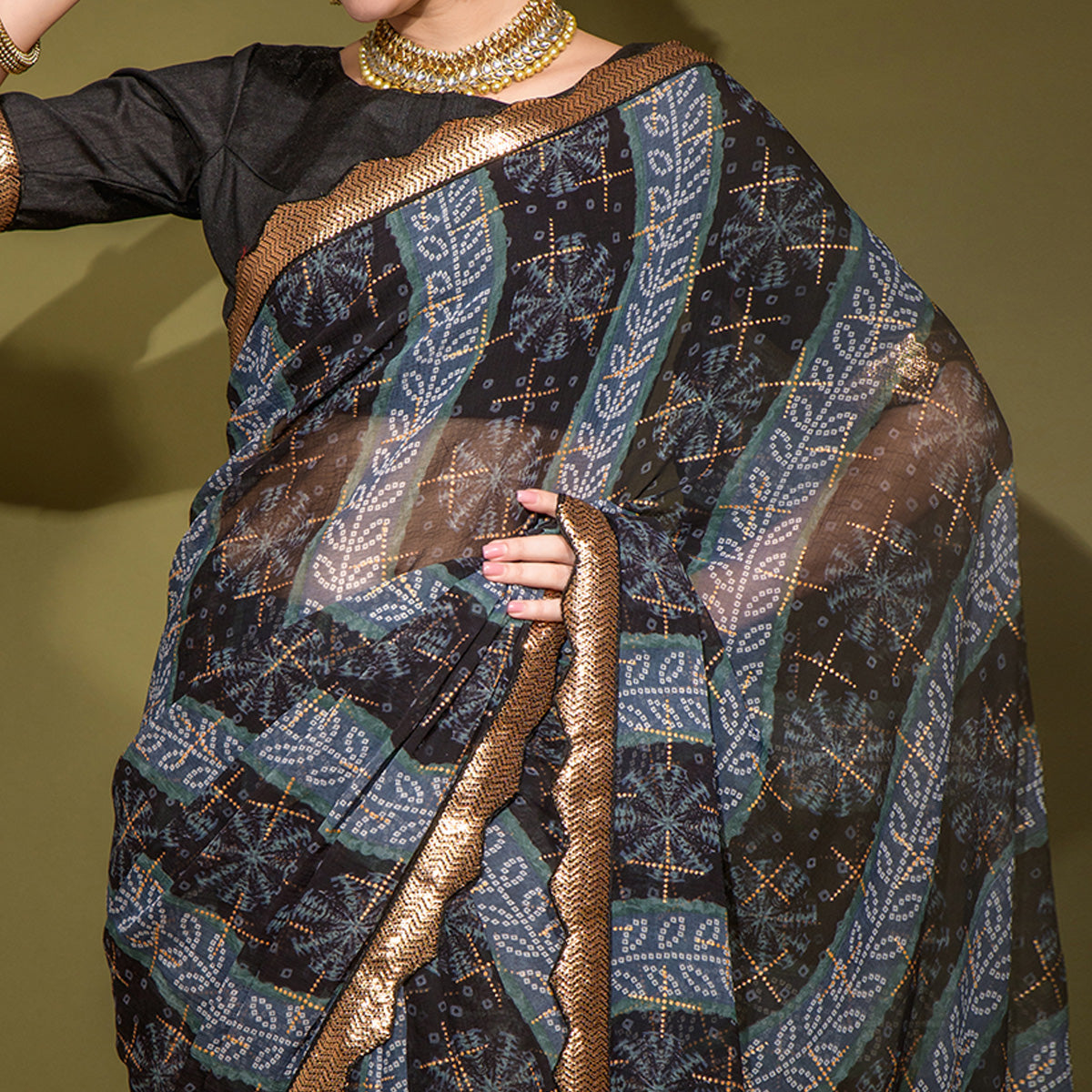 Black Bandhani Foil Printed Georgette Saree With Embroidered Border