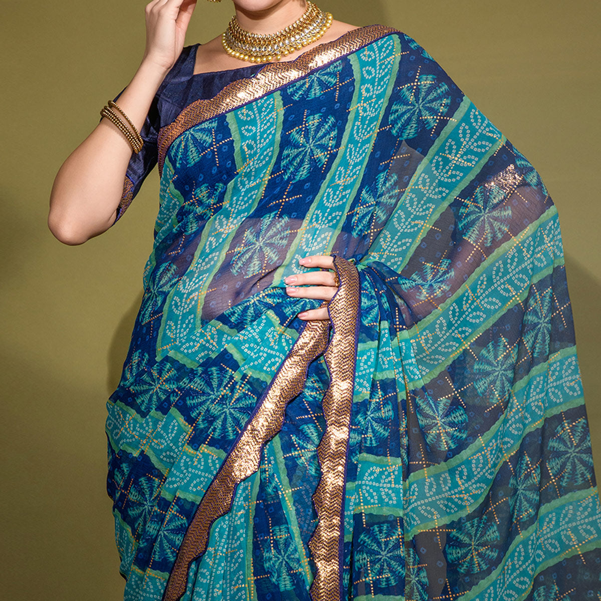 Blue Bandhani Foil Printed Georgette Saree With Embroidered Border