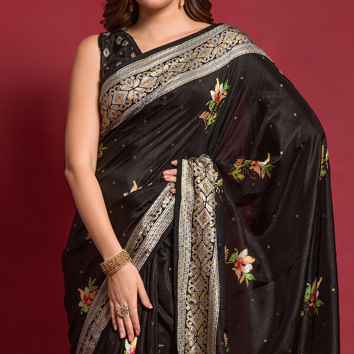 Black Floral Foil Printed Art Silk Saree