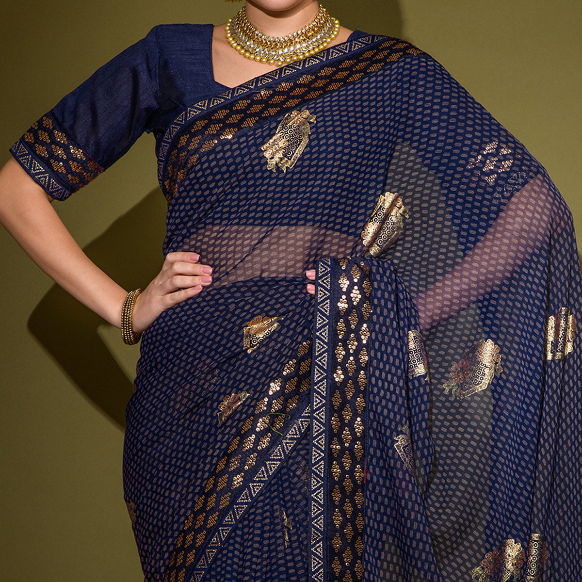 Blue Foil Printed Georgette Saree