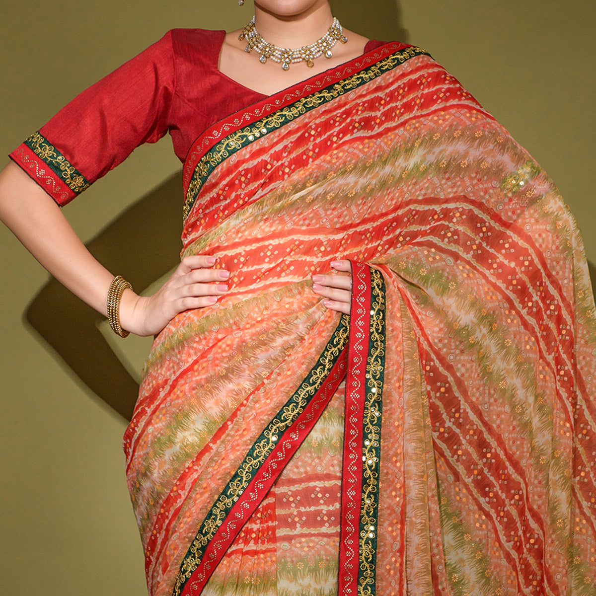 Red Leheriya Printed Georgette Saree With Embroidered Border