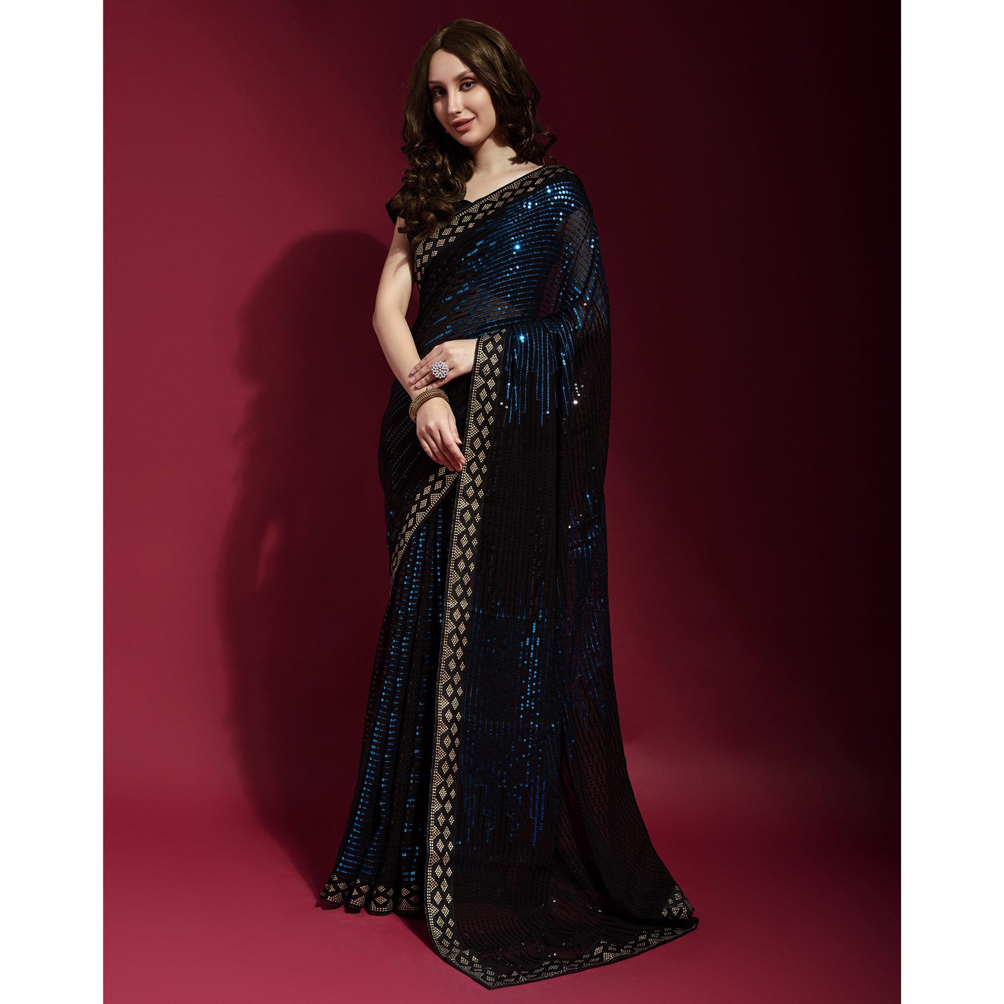 Black & Blue Sequins Embroidered Georgette Saree