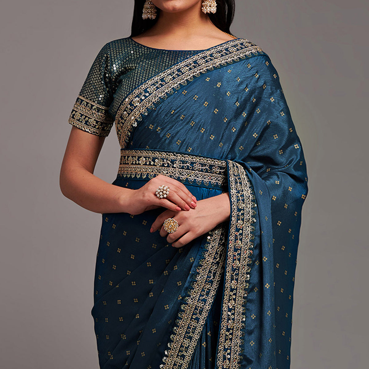 Blue Sequins Embroidered Border Chinon Saree