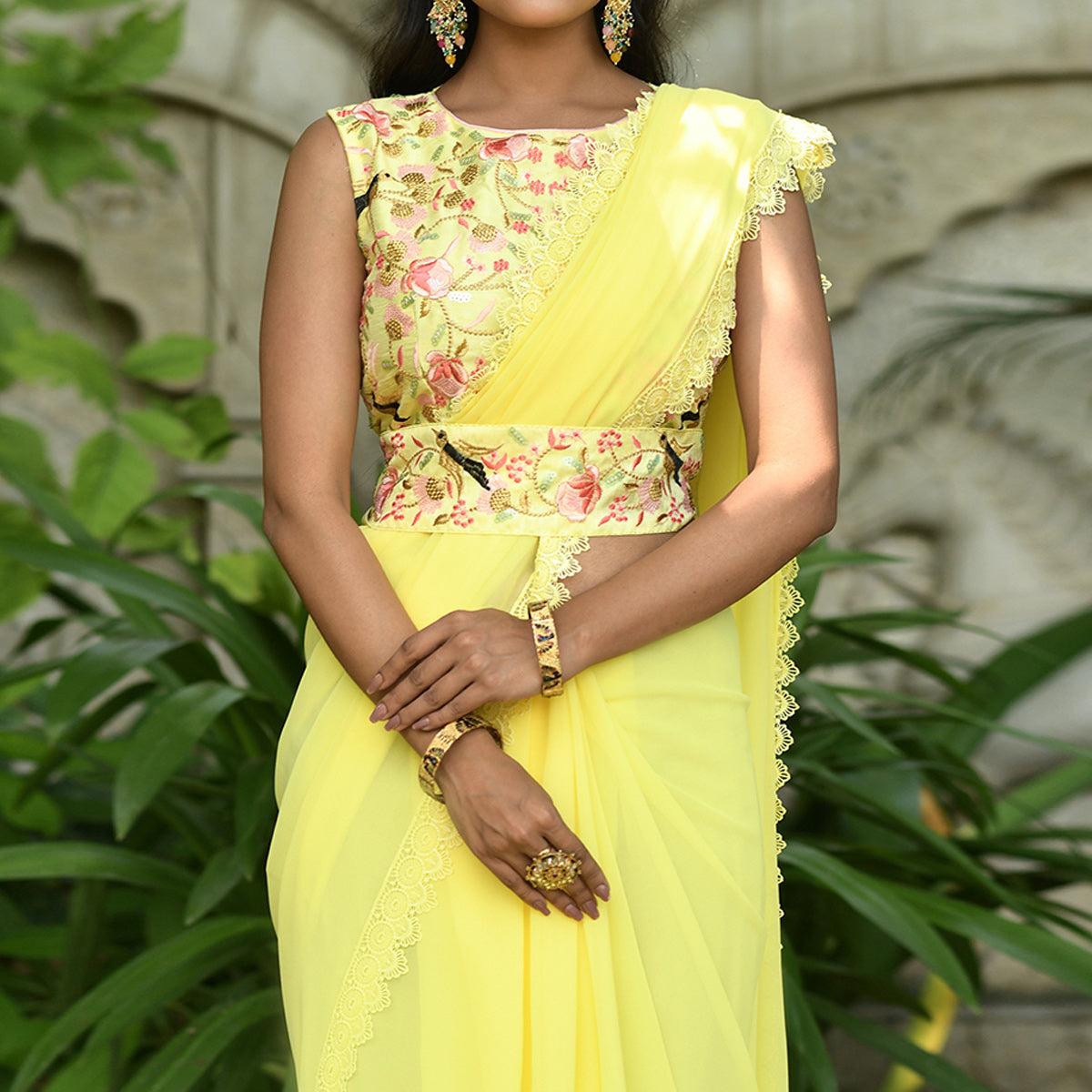 Yellow Solid Georgette Saree With Embroidered Blouse Piece