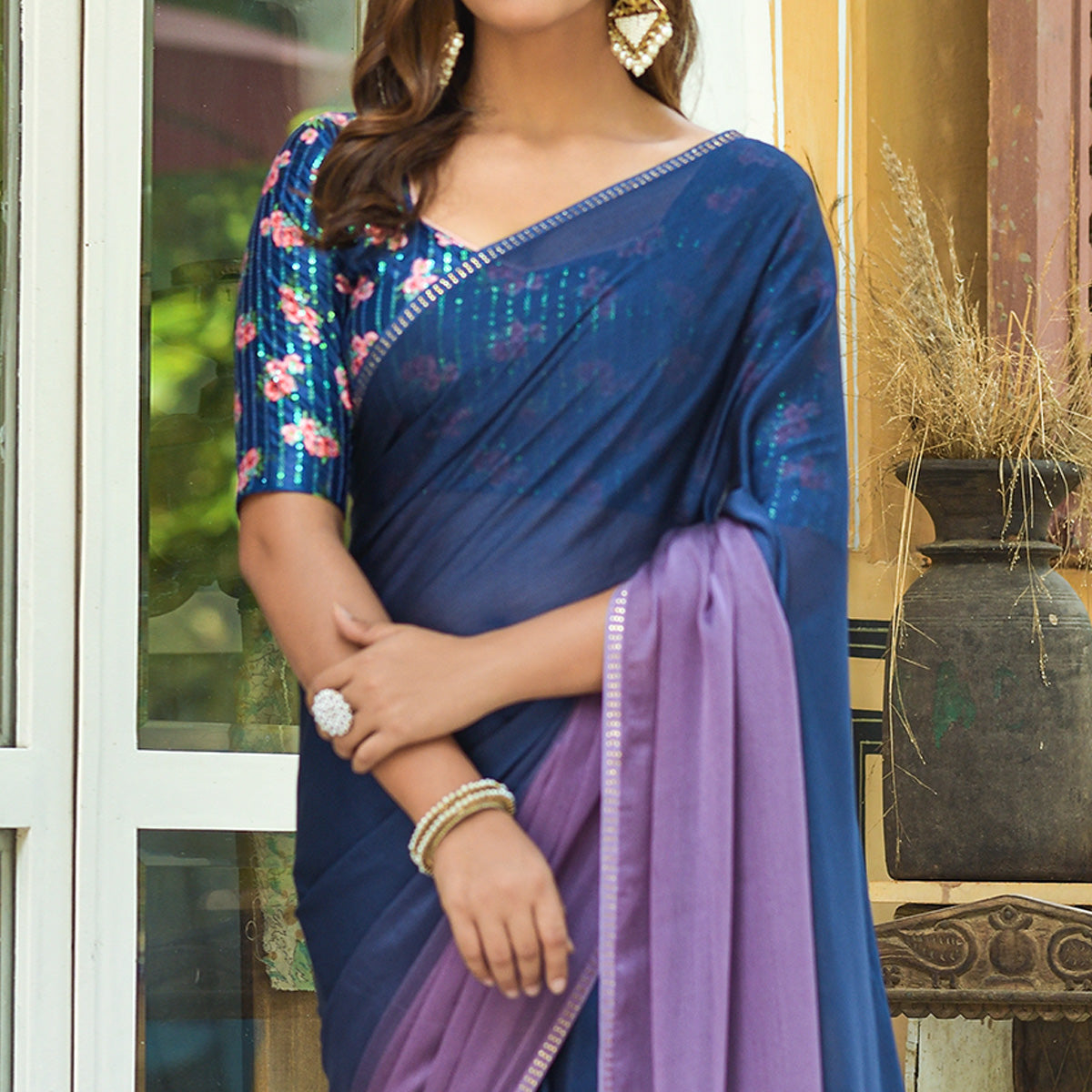 Blue & Purple Solid Chiffon Saree With Tassels