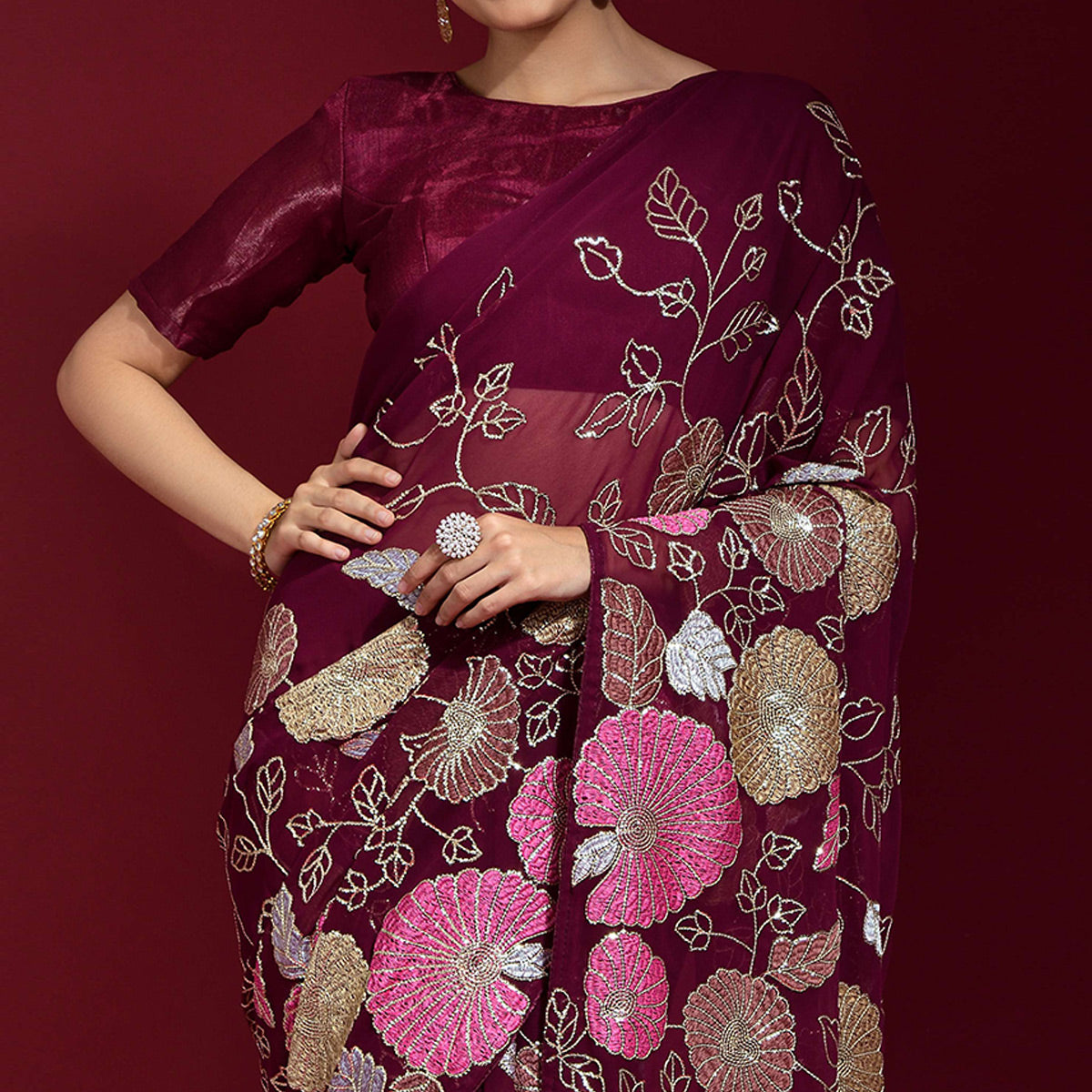 Wine Floral Sequins Embroidered Georgette Saree
