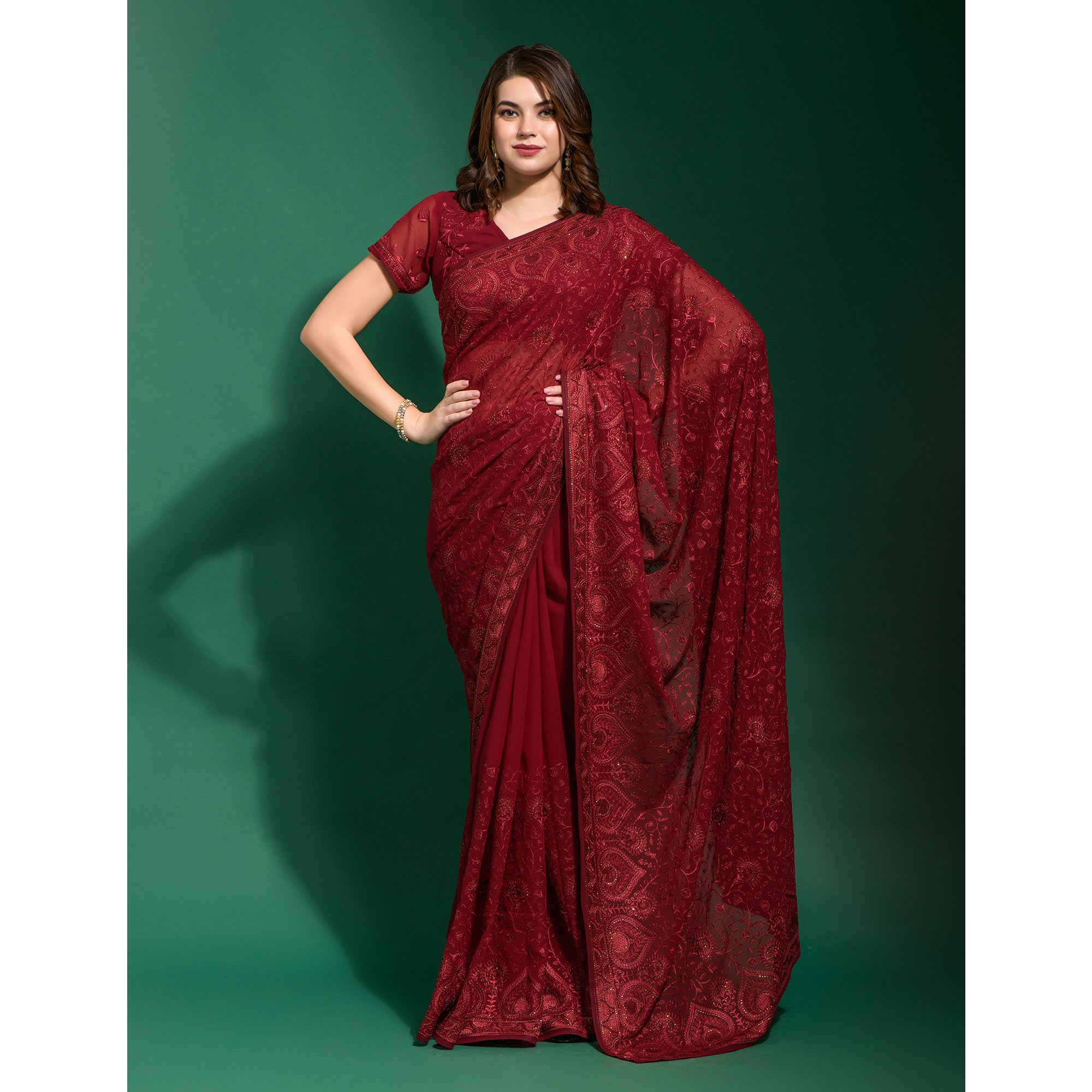 Maroon Floral Embroidered Georgette Saree